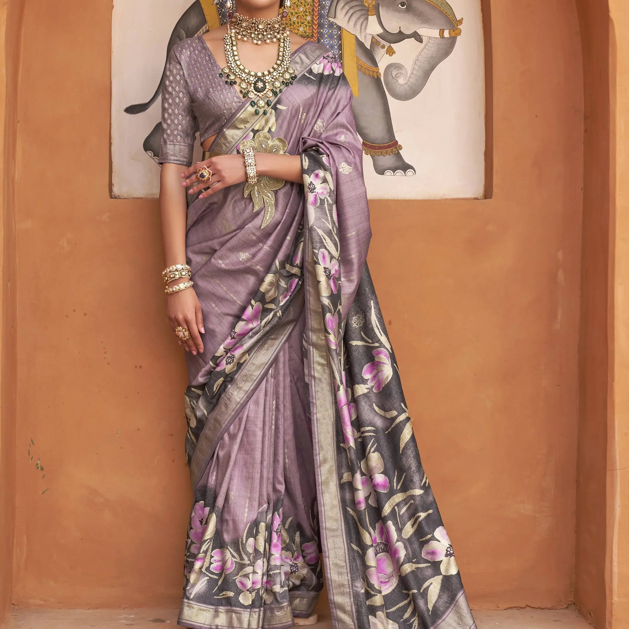 Stunning Purple Floral Printed Silk Wedding Wear Saree With Blouse - Zeel Clothing