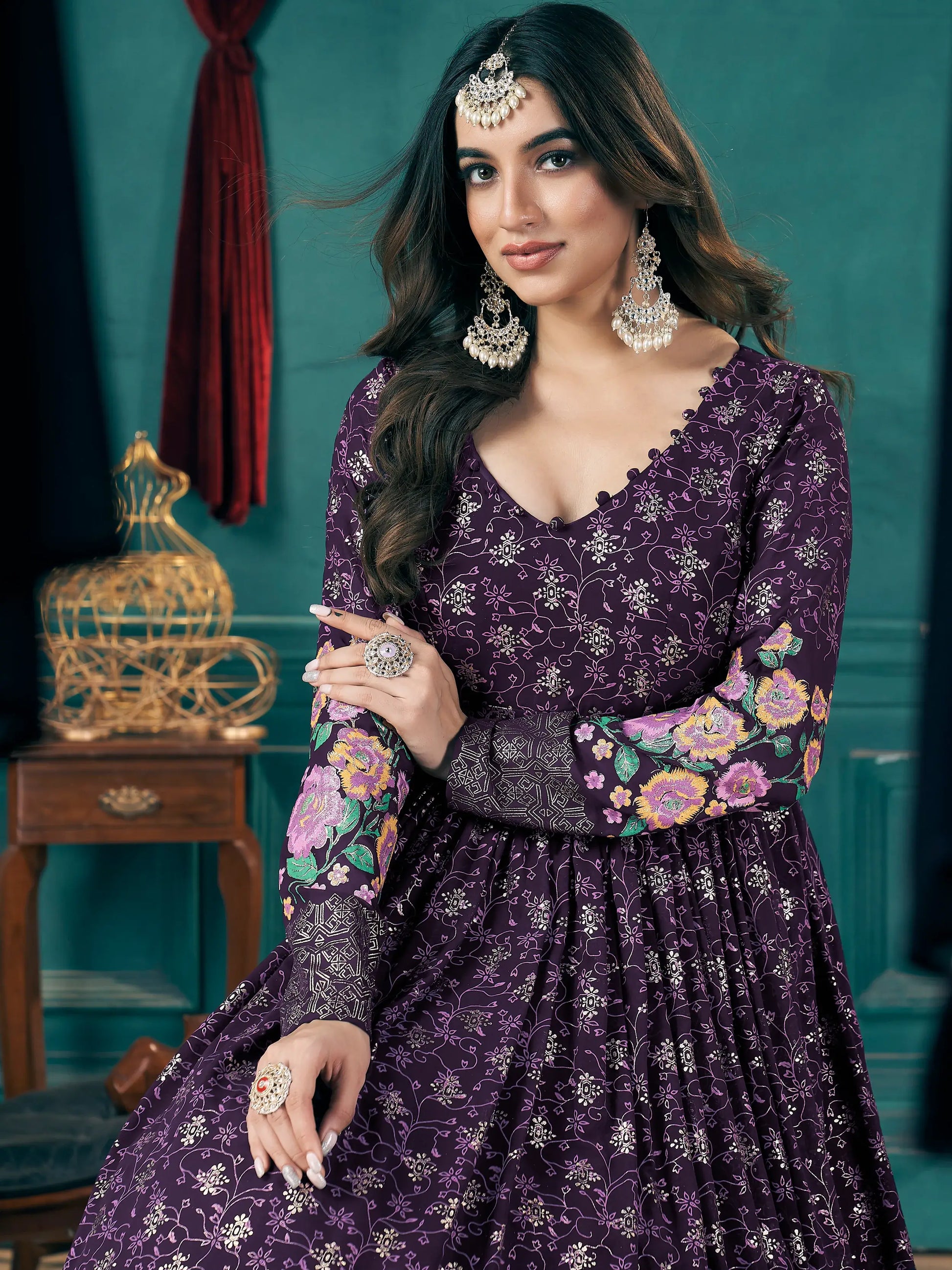 Stunning Purple Foil Printed Georgette Wedding Gown With Dupatta - Zeel Clothing