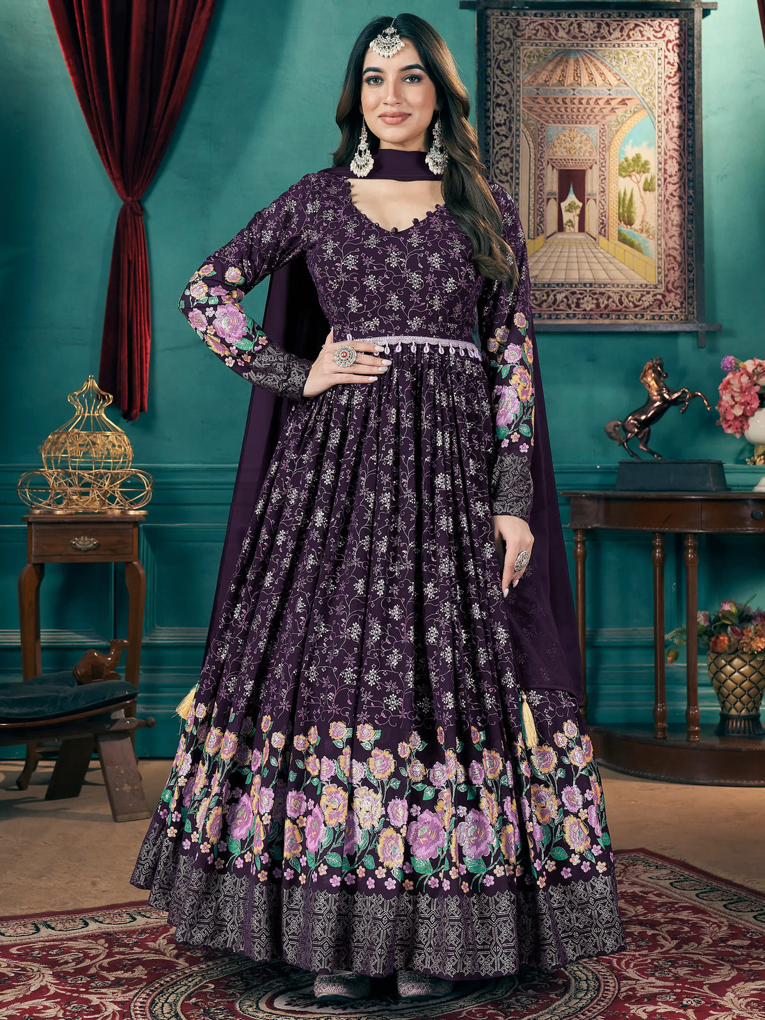 Stunning Purple Foil Printed Georgette Wedding Gown With Dupatta - Zeel Clothing