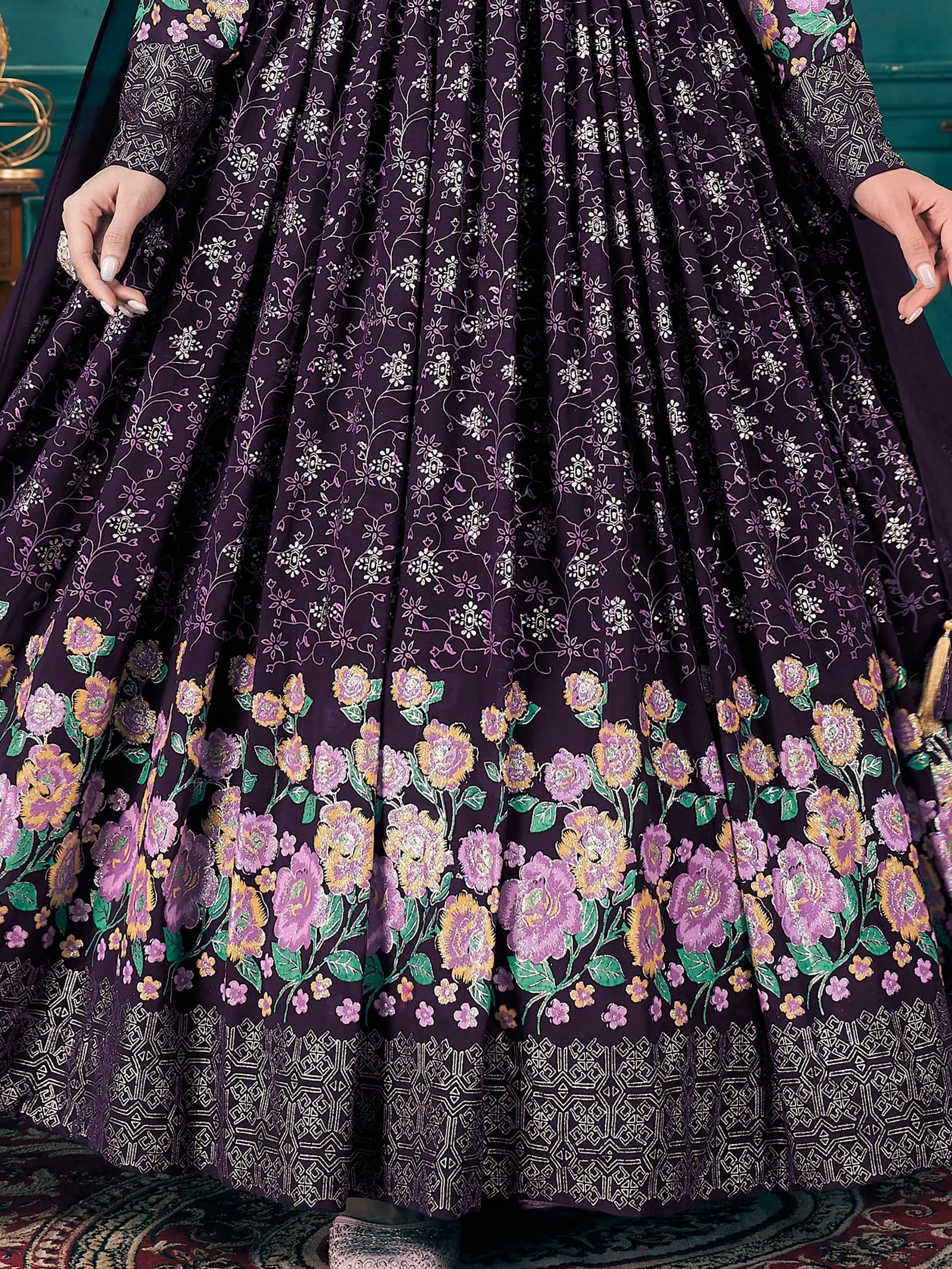 Stunning Purple Foil Printed Georgette Wedding Gown With Dupatta - Zeel Clothing