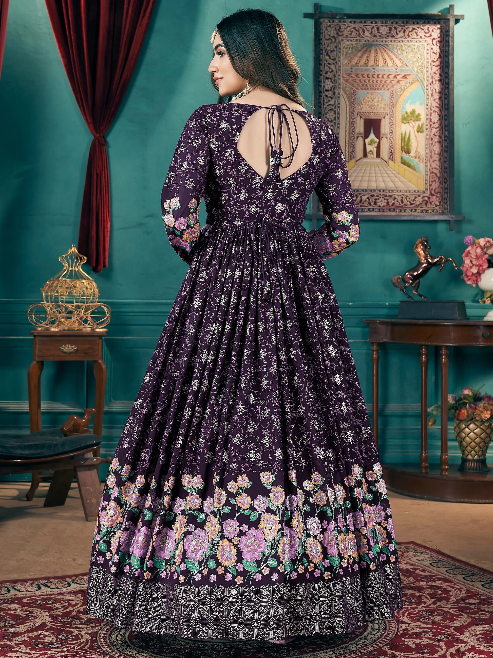 Stunning Purple Foil Printed Georgette Wedding Gown With Dupatta - Zeel Clothing