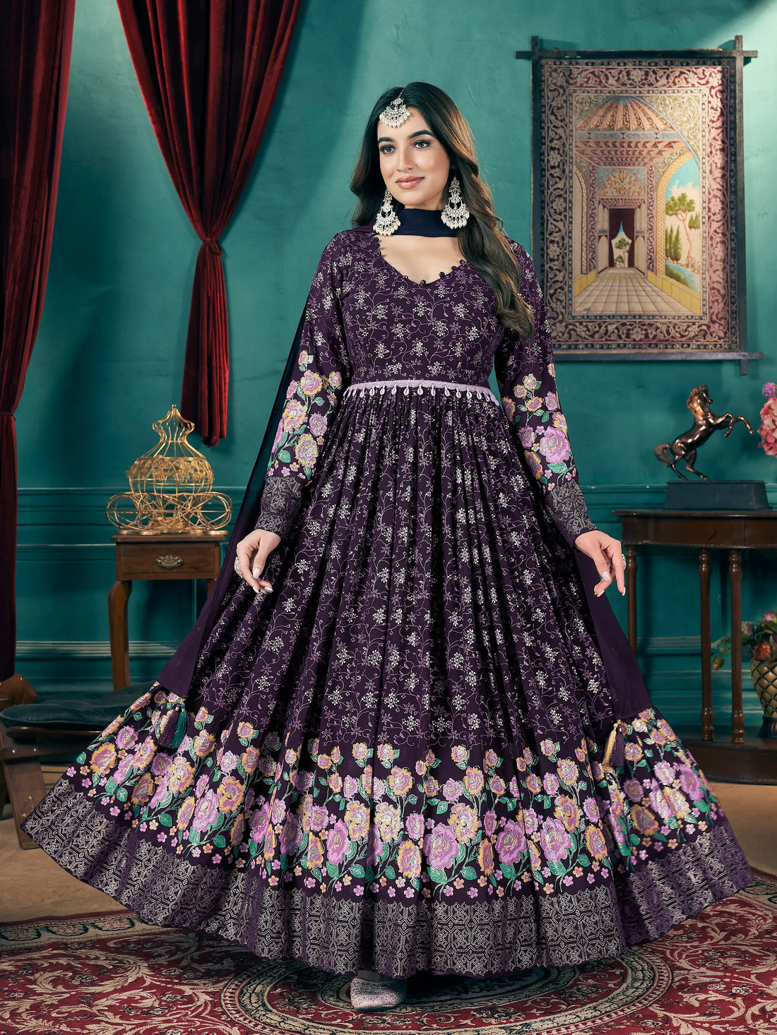 Stunning Purple Foil Printed Georgette Wedding Gown With Dupatta - Zeel Clothing