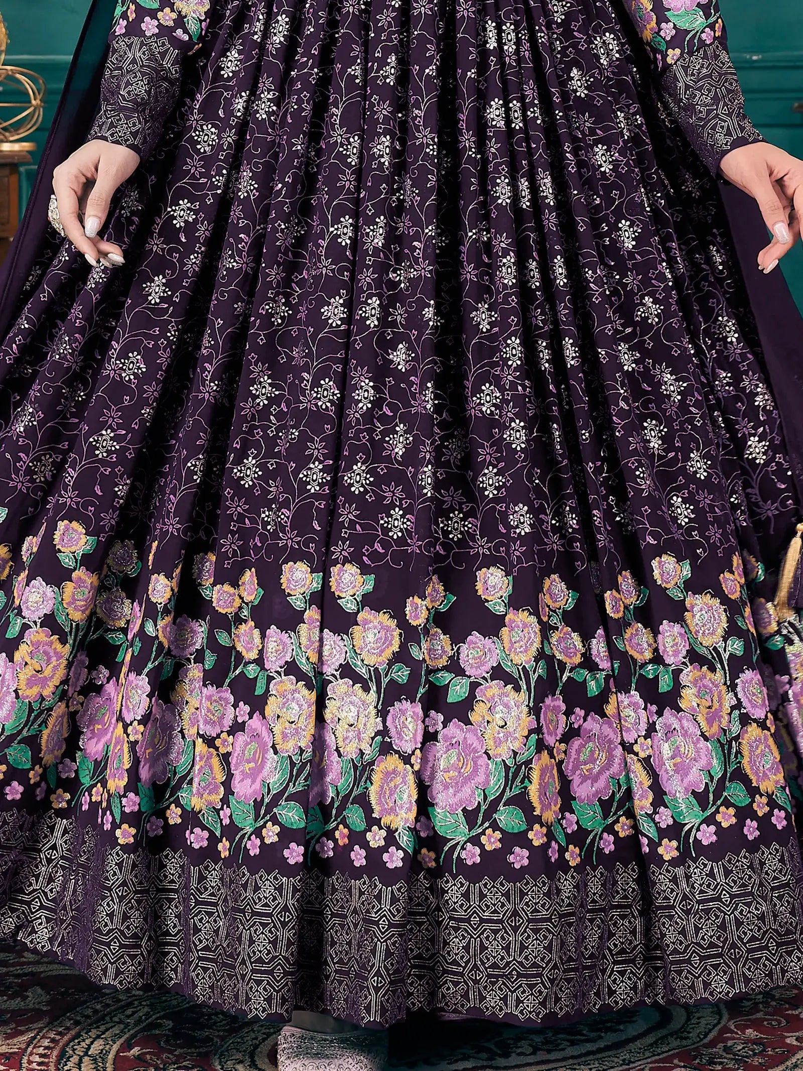 Stunning Purple Foil Printed Georgette Wedding Gown With Dupatta - Zeel Clothing