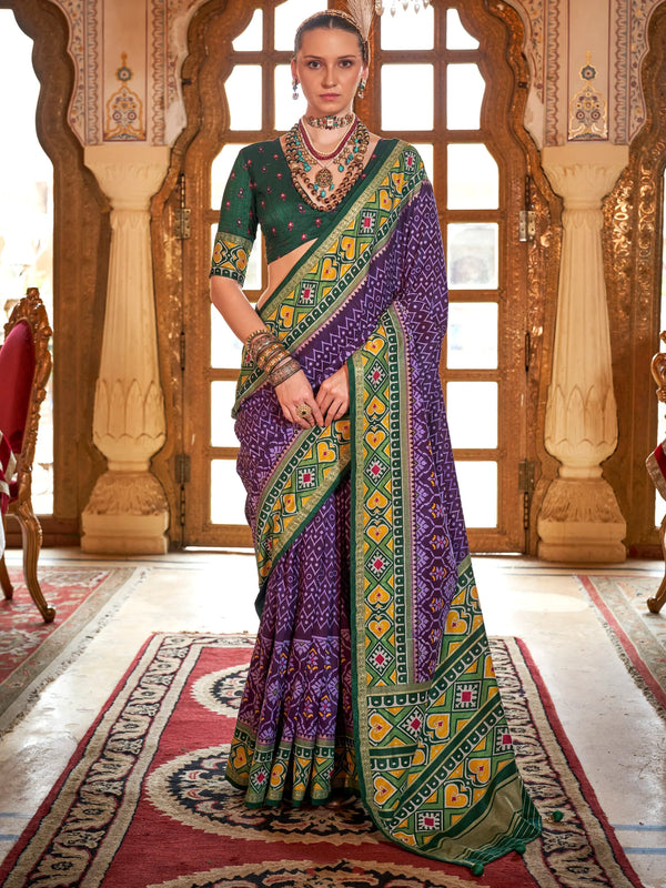 Stunning Purple Patola Printed Silk Casual Wear Saree With Blouse - Zeel Clothing