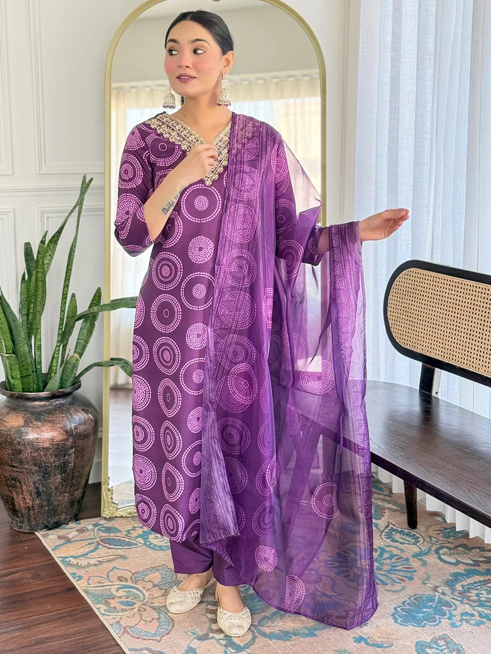 Stunning Purple Printed Rayon Designer Pant Suit With Dupatta - Zeel Clothing