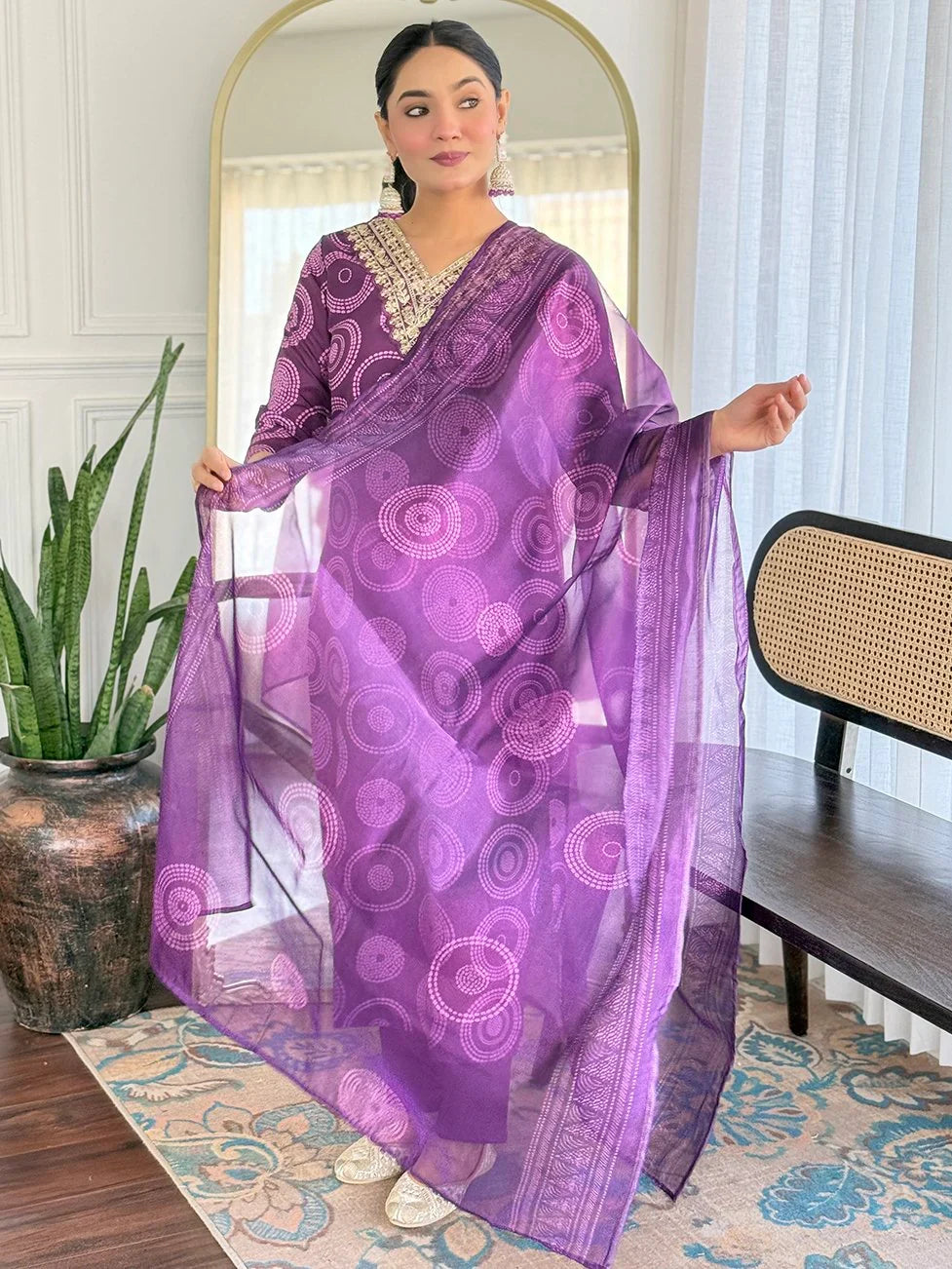 Stunning Purple Printed Rayon Designer Pant Suit With Dupatta - Zeel Clothing