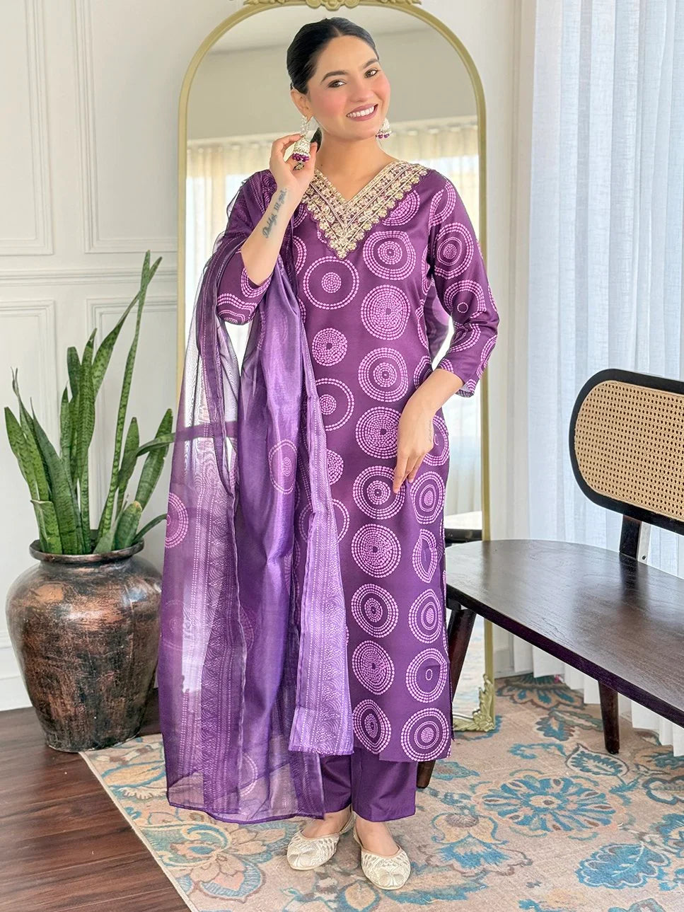 Stunning Purple Printed Rayon Designer Pant Suit With Dupatta - Zeel Clothing
