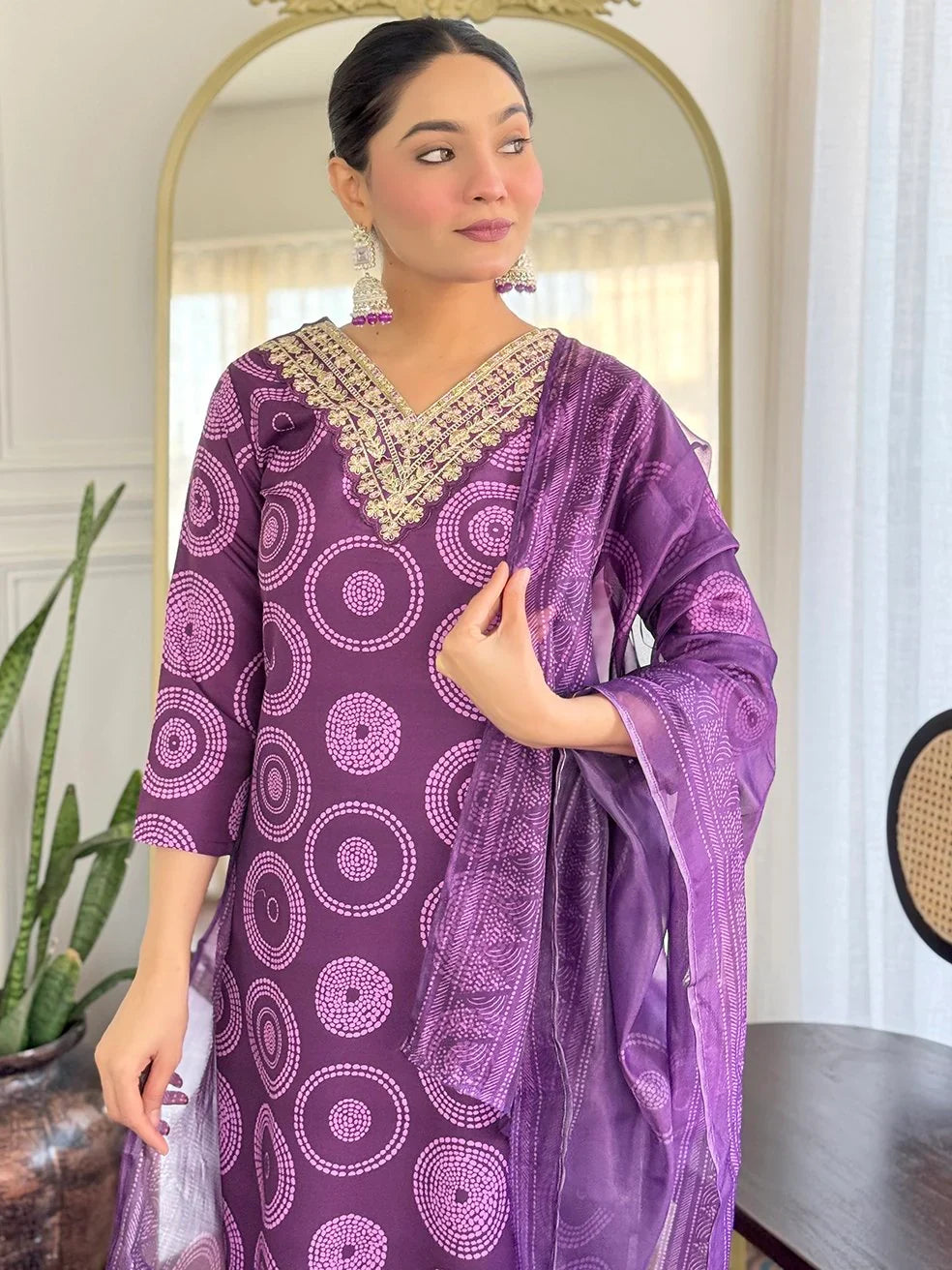 Stunning Purple Printed Rayon Designer Pant Suit With Dupatta - Zeel Clothing