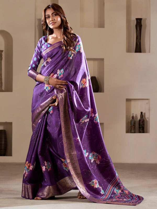 Stunning Purple Printed Silk Event Wear Saree With Blouse - Zeel Clothing