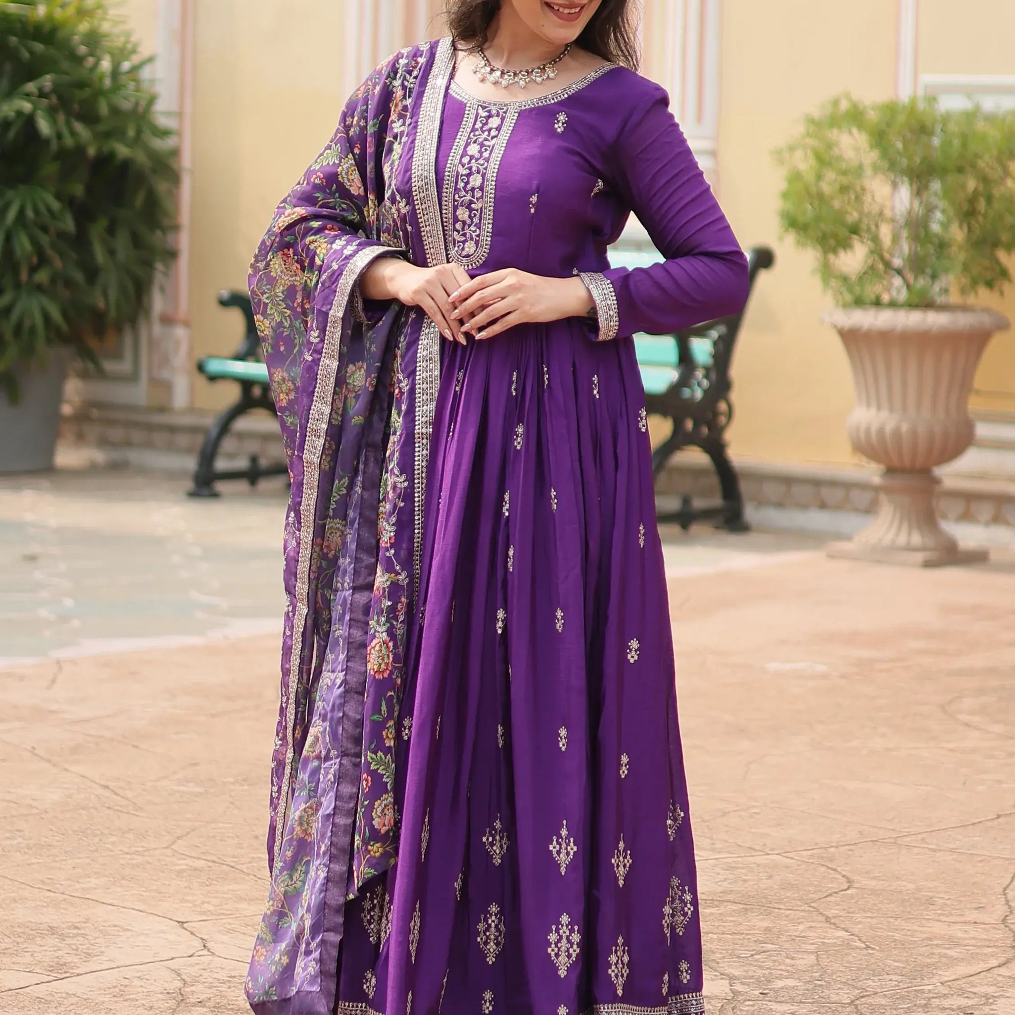 Stunning Purple Sequins Chinon wedding Wear Gown With Dupatta - Zeel Clothing