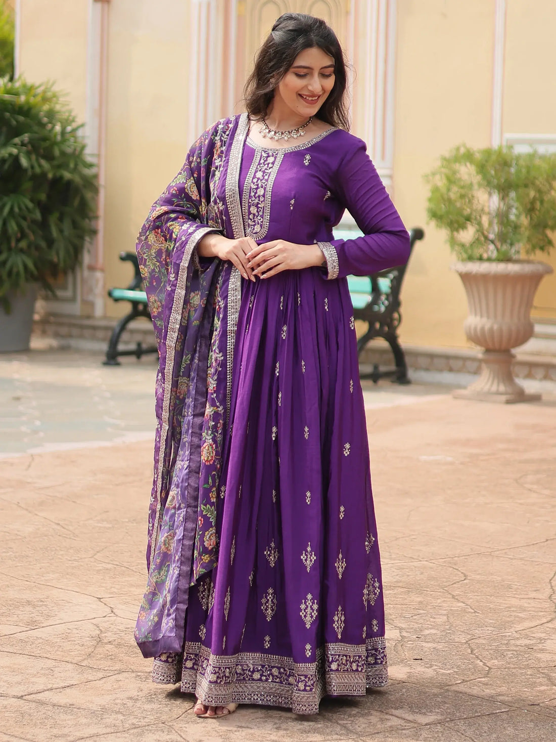 Stunning Purple Sequins Chinon wedding Wear Gown With Dupatta - Zeel Clothing