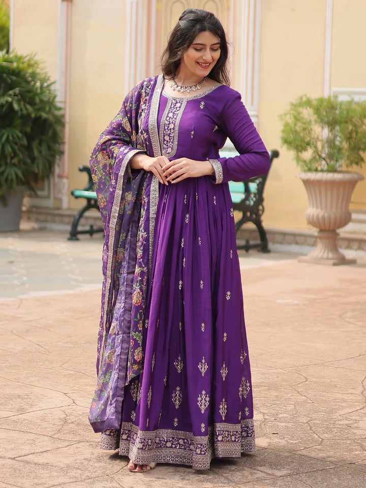 Stunning Purple Sequins Chinon wedding Wear Gown With Dupatta - Zeel Clothing