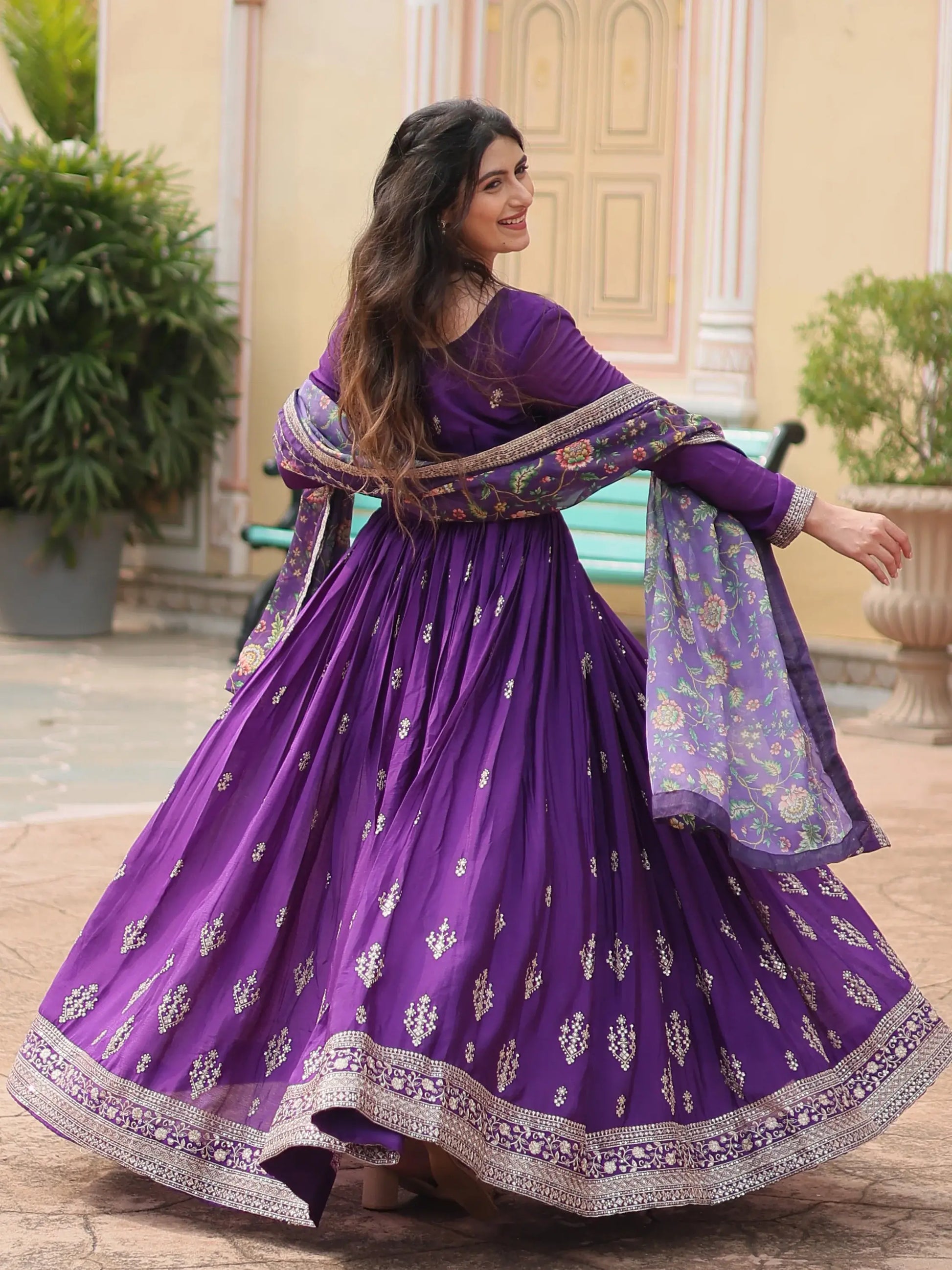 Stunning Purple Sequins Chinon wedding Wear Gown With Dupatta - Zeel Clothing
