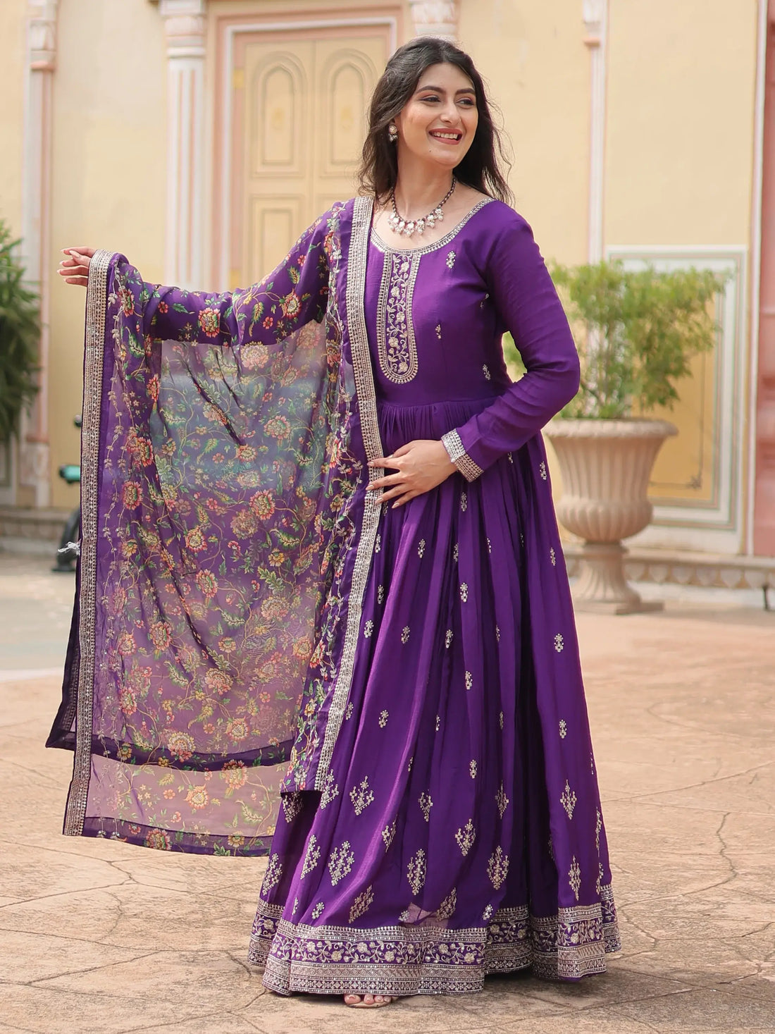 Stunning Purple Sequins Chinon wedding Wear Gown With Dupatta - Zeel Clothing