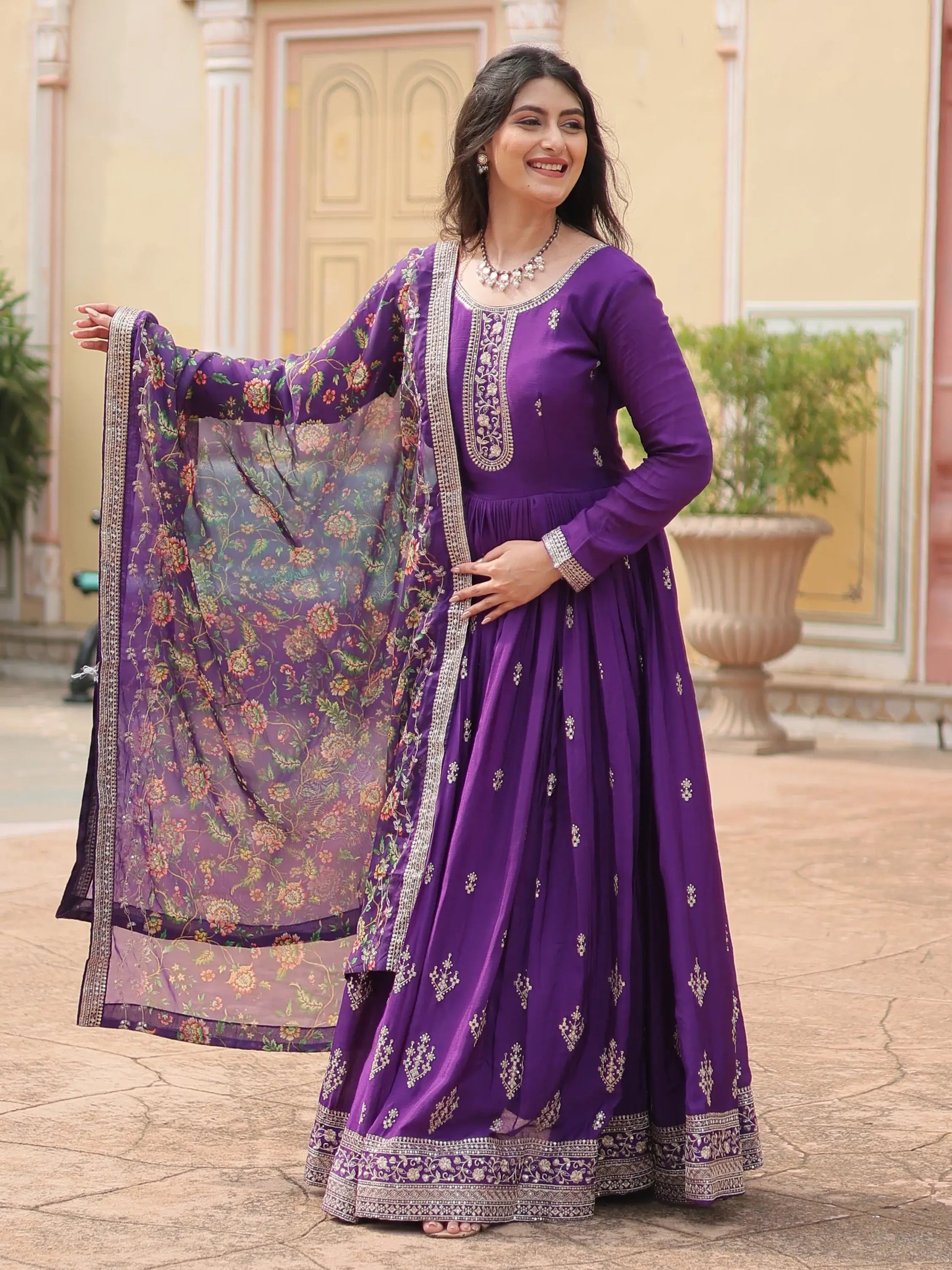 Stunning Purple Sequins Chinon wedding Wear Gown With Dupatta - Zeel Clothing