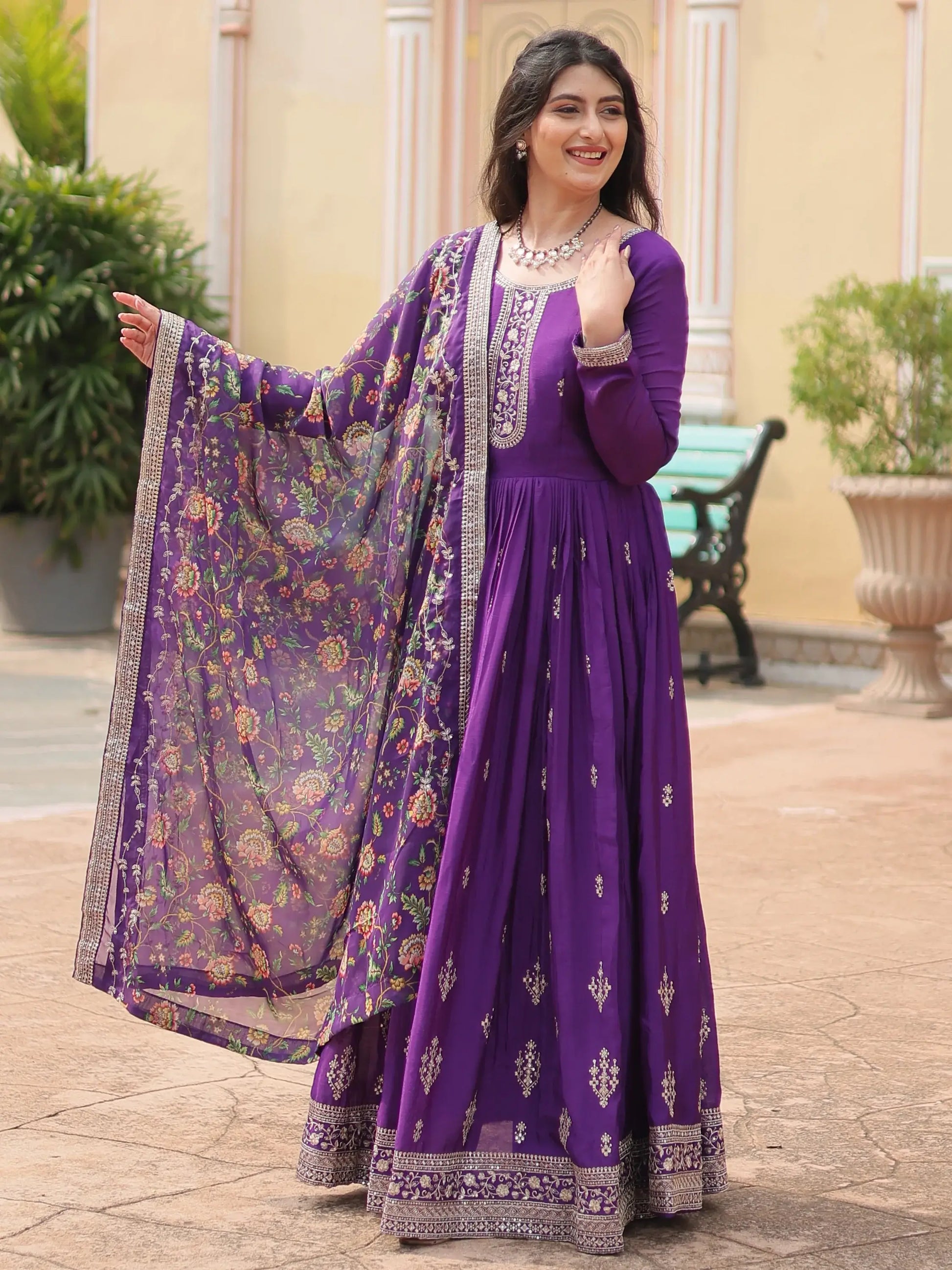 Stunning Purple Sequins Chinon wedding Wear Gown With Dupatta - Zeel Clothing