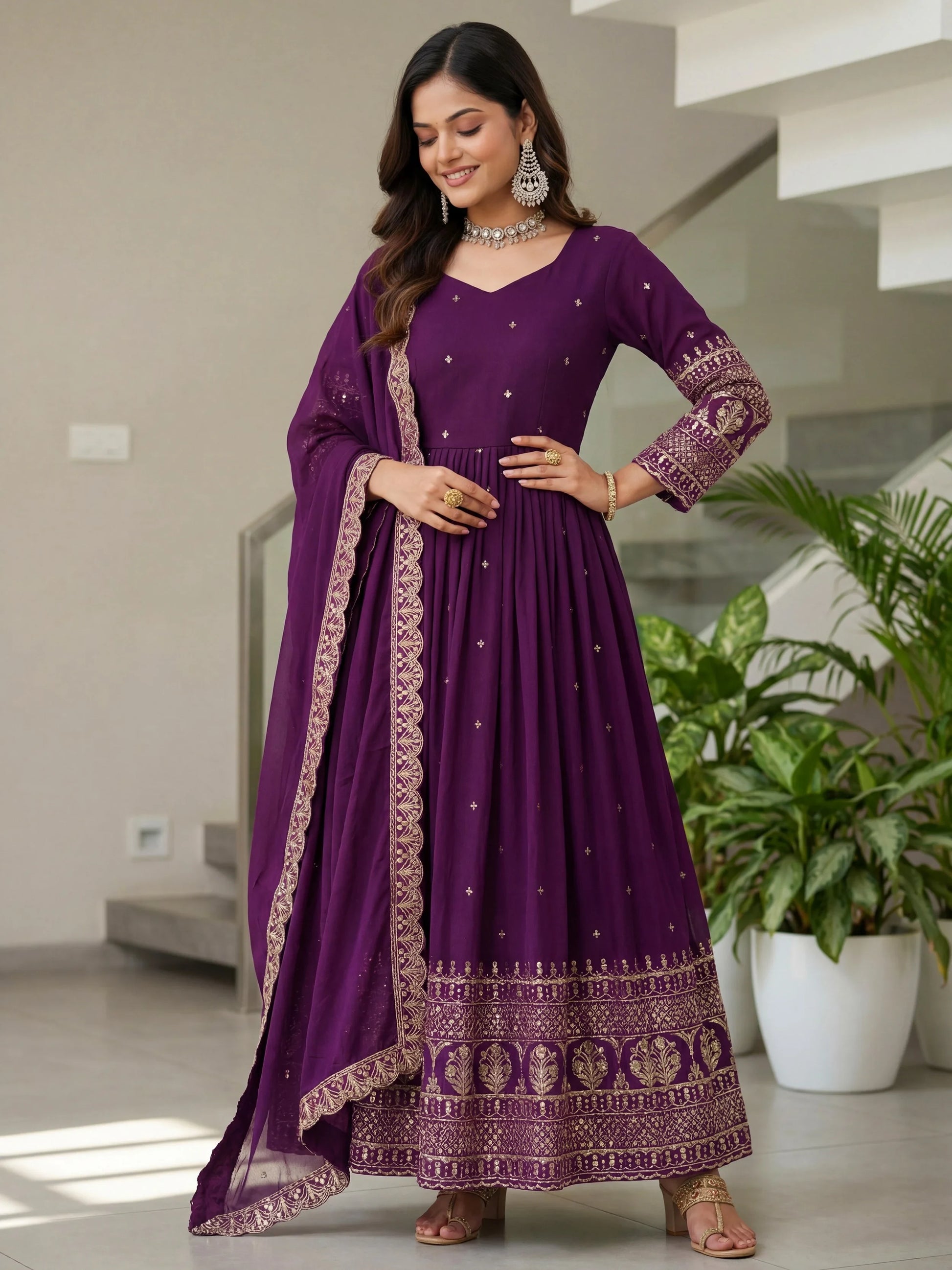 Stunning Purple Sequins Embroidery Silk Wedding Wear Gown With Dupatta