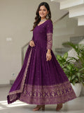 Stunning Purple Sequins Embroidery Silk Wedding Wear Gown With Dupatta