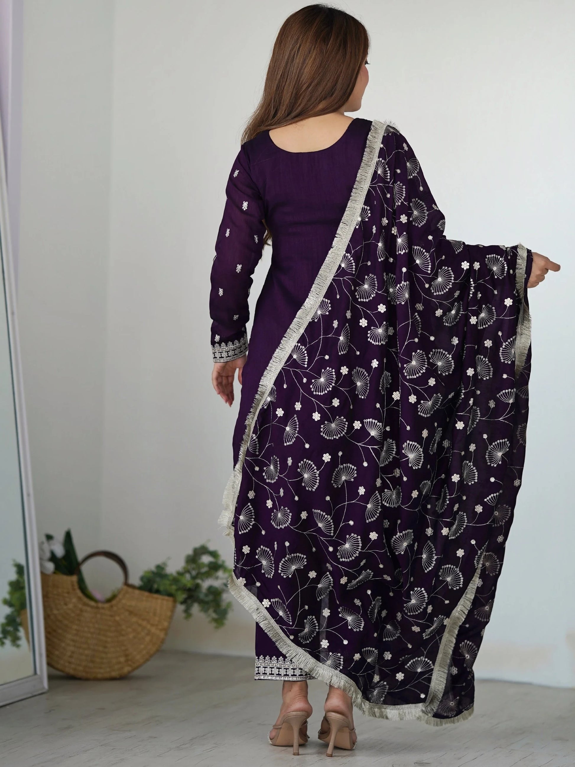 Stunning Purple Sequins Work Silk Festive Wear Pant Suit With Dupatta - Zeel Clothing