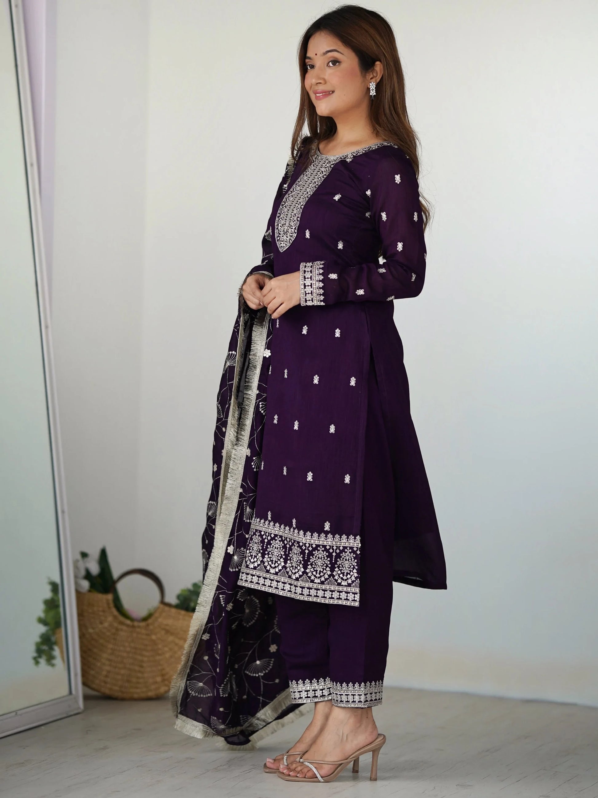 Stunning Purple Sequins Work Silk Festive Wear Pant Suit With Dupatta - Zeel Clothing