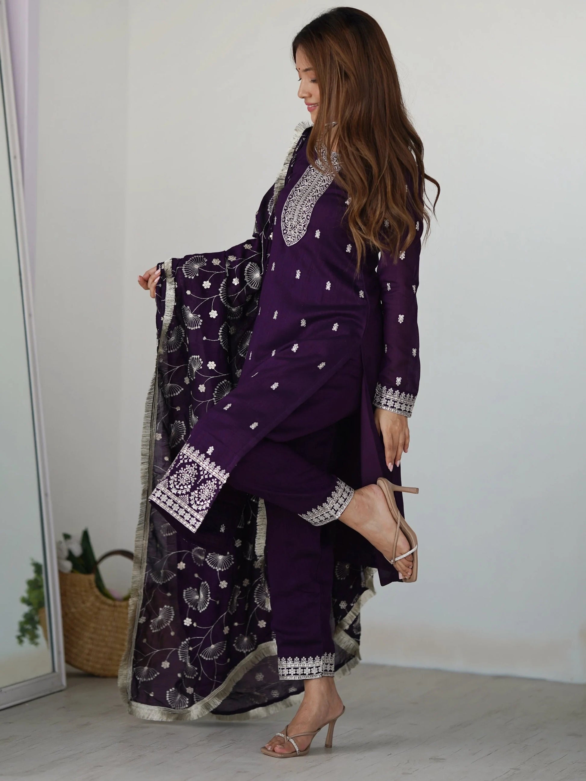 Stunning Purple Sequins Work Silk Festive Wear Pant Suit With Dupatta - Zeel Clothing