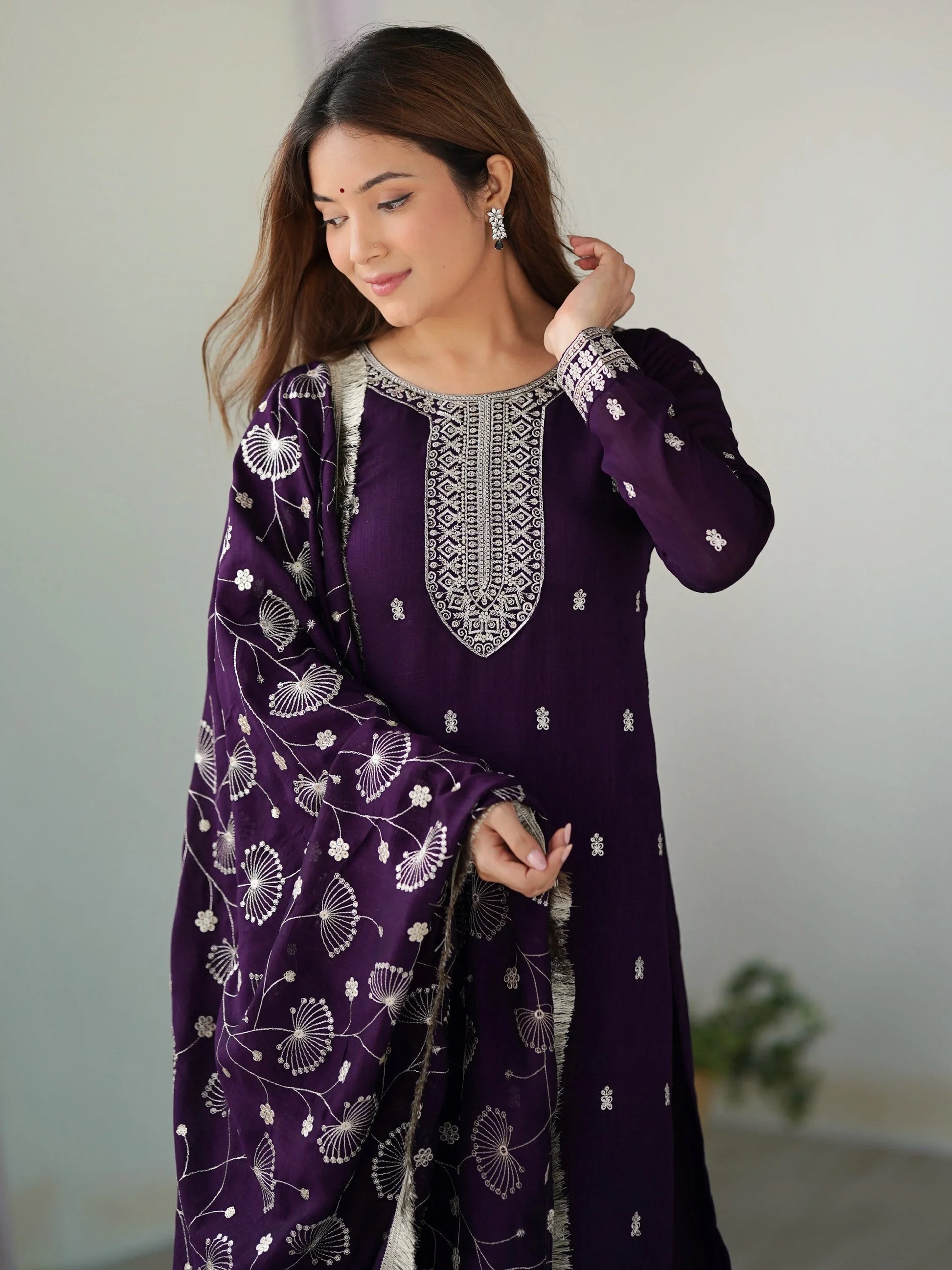 Stunning Purple Sequins Work Silk Festive Wear Pant Suit With Dupatta - Zeel Clothing