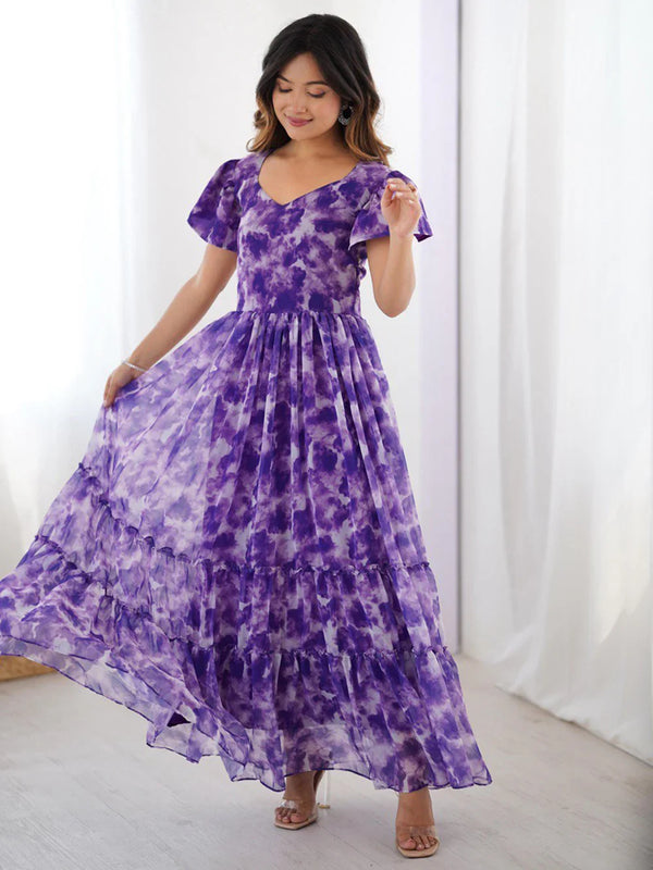 Stunning Purple Shibori Printed Georgette Party Wear Dress - Zeel Clothing