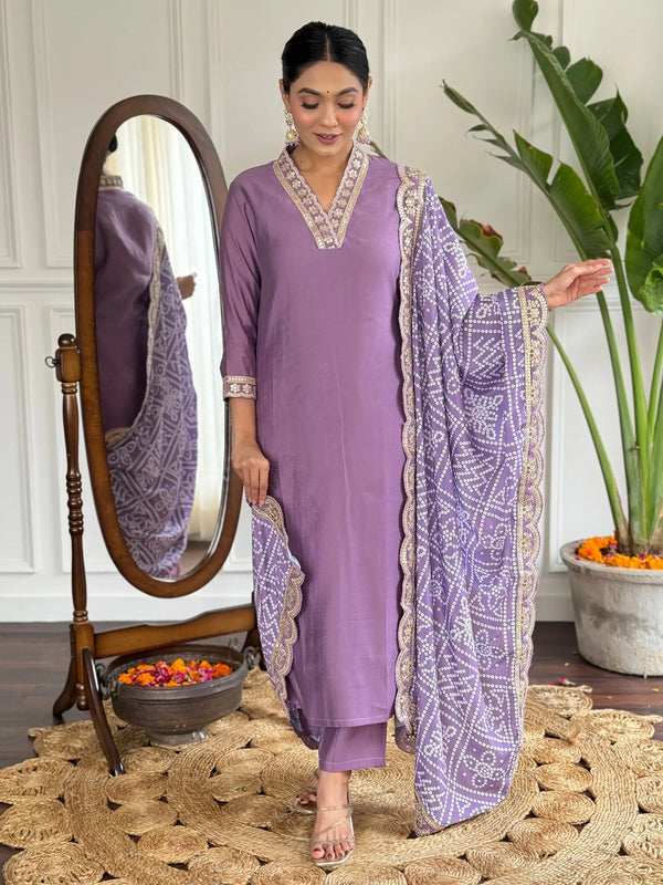 Stunning Purple Viscose Traditional Pant Suit With Bandhani Dupatta - Zeel Clothing