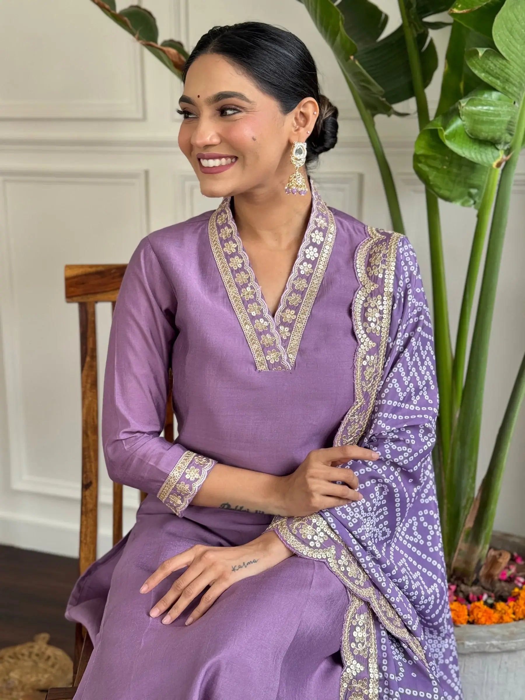 Stunning Purple Viscose Traditional Pant Suit With Bandhani Dupatta - Zeel Clothing