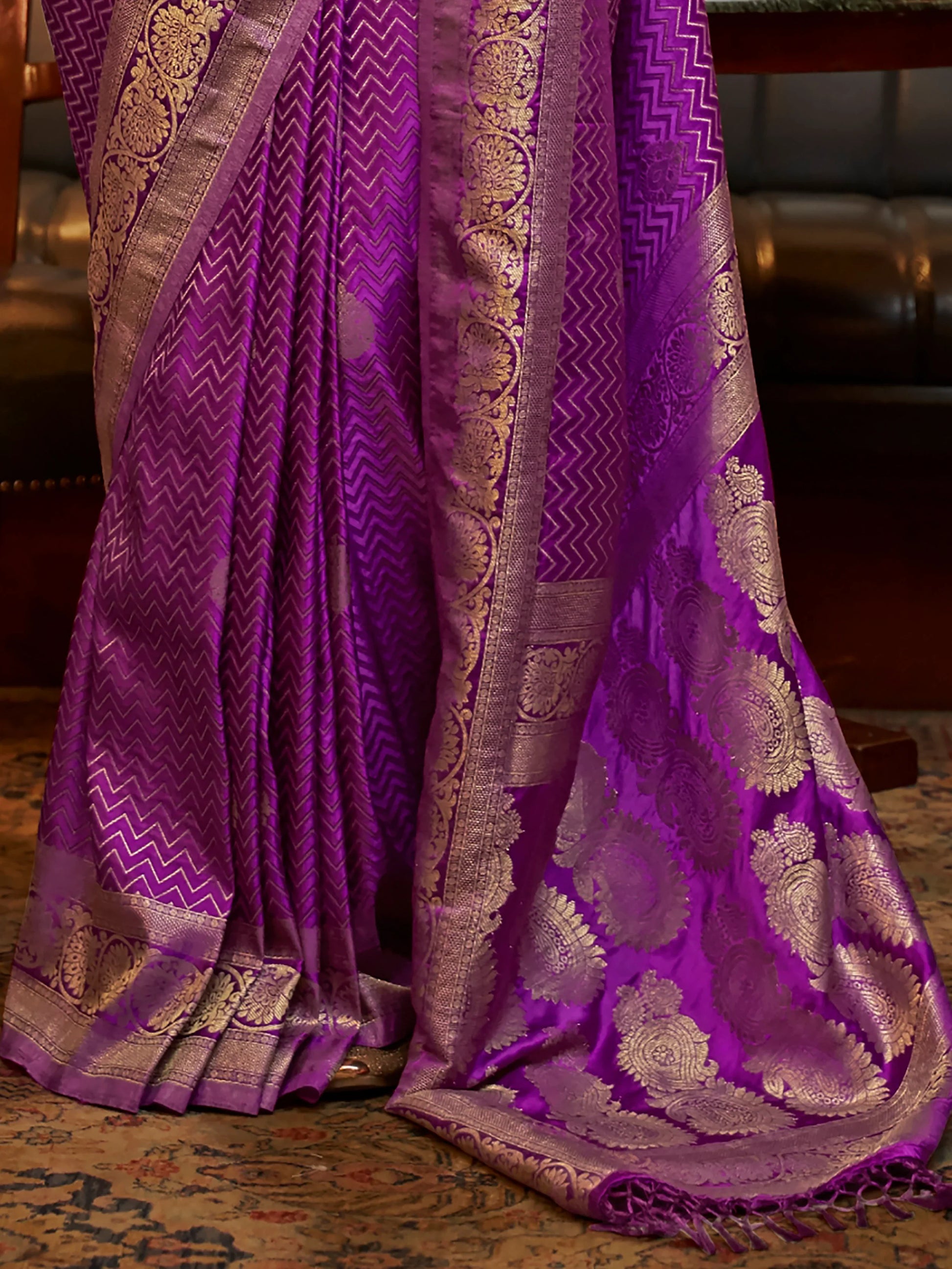 Stunning Purple Zari Weaving Satin Festive Wear Saree With Blouse - Zeel Clothing