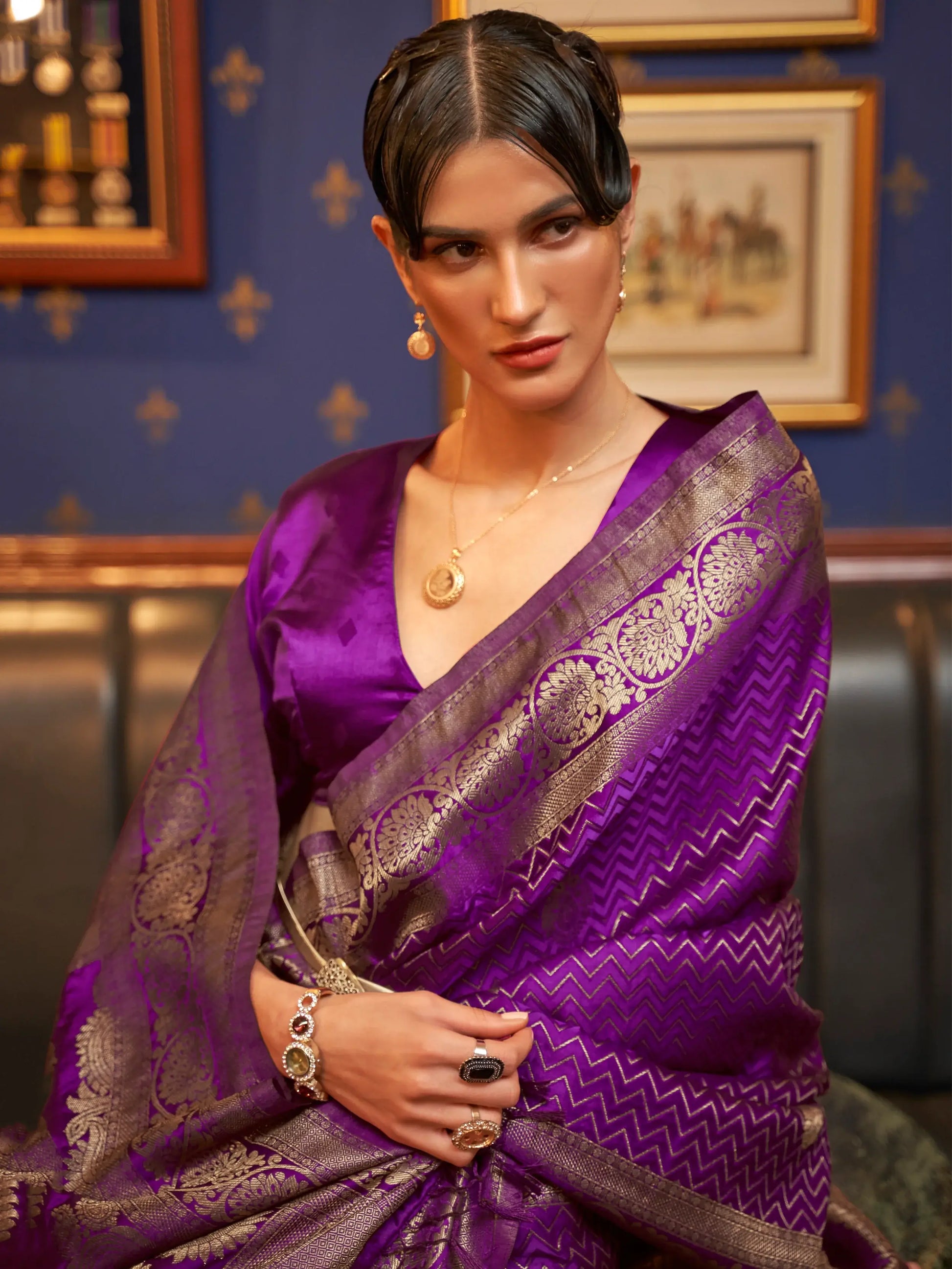 Stunning Purple Zari Weaving Satin Festive Wear Saree With Blouse - Zeel Clothing