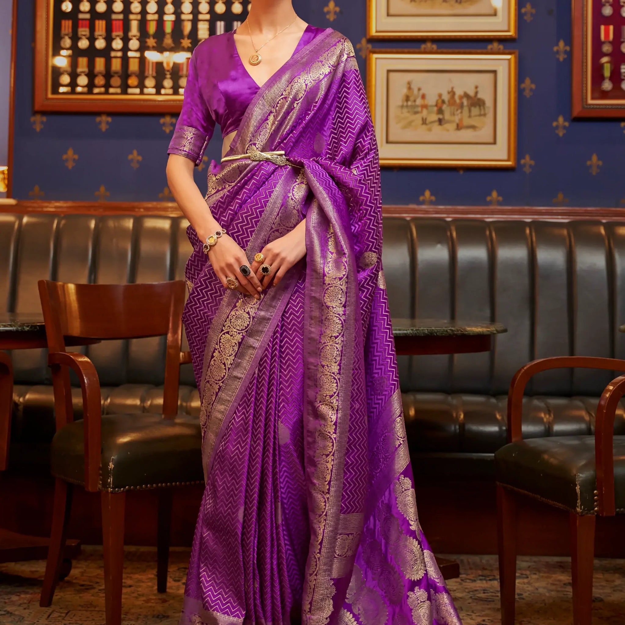 Stunning Purple Zari Weaving Satin Festive Wear Saree With Blouse - Zeel Clothing