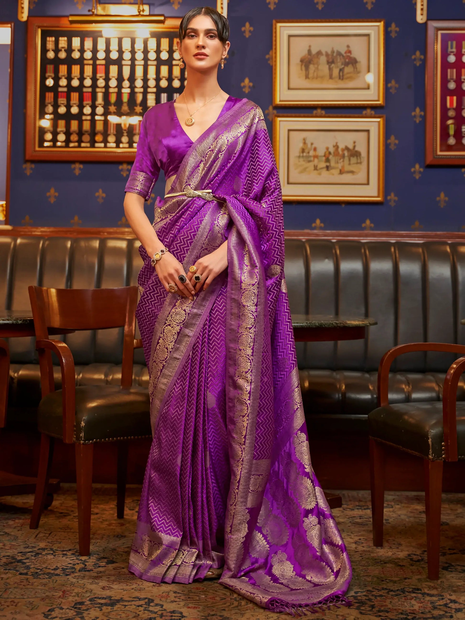 Stunning Purple Zari Weaving Satin Festive Wear Saree With Blouse - Zeel Clothing