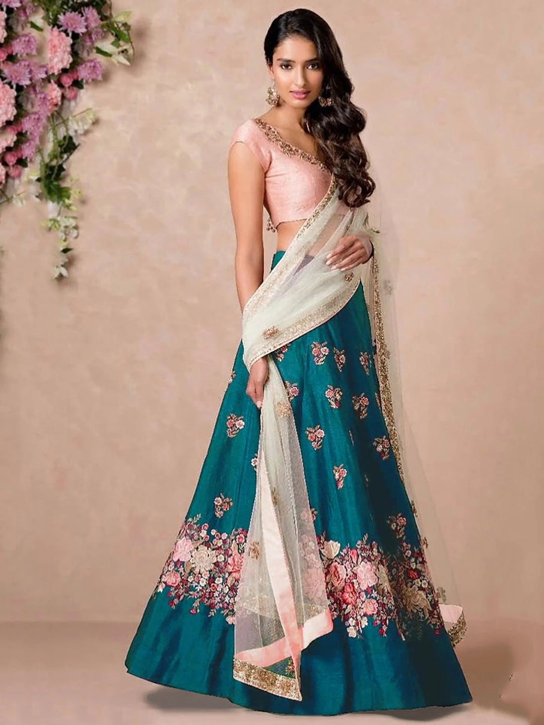 Stunning Rama Colored Floral Embroidered Lehenga Choli
