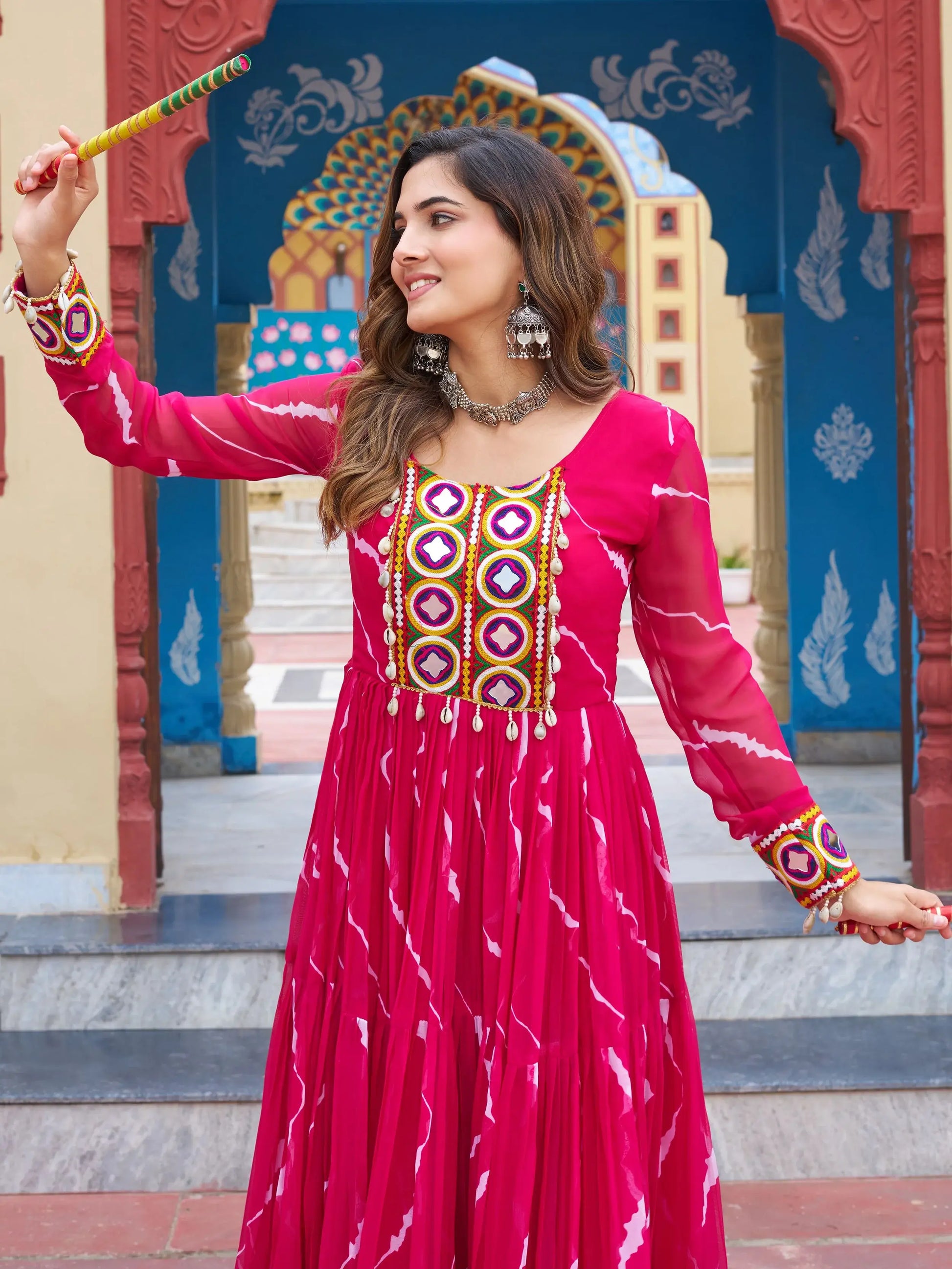 Stunning Rani Pink Laheriya Printed Georgette Festive Wear Gown - Zeel Clothing