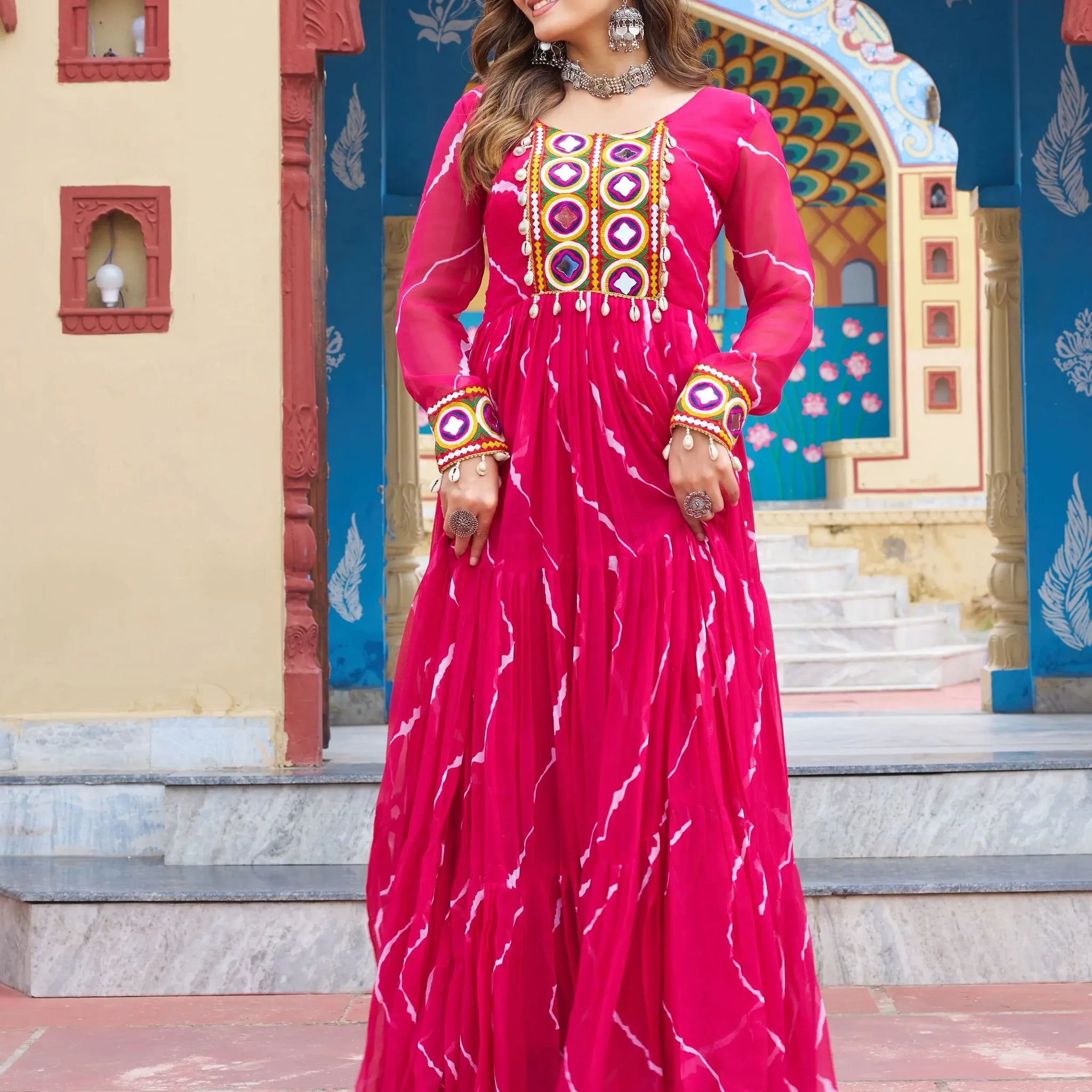 Stunning Rani Pink Laheriya Printed Georgette Festive Wear Gown - Zeel Clothing