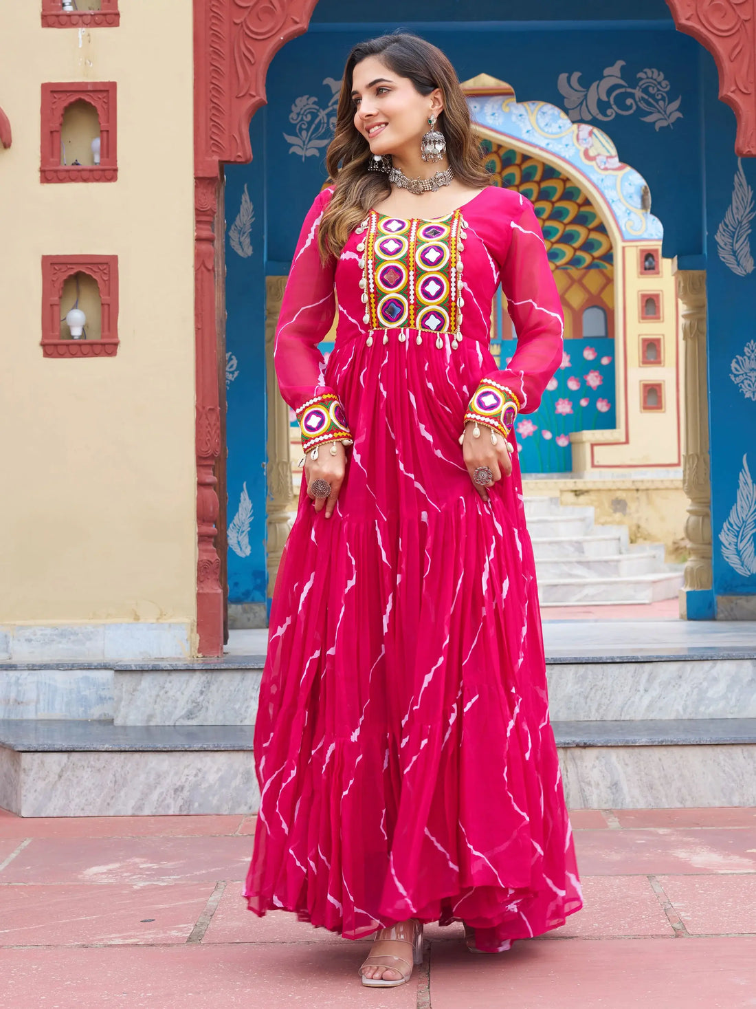 Stunning Rani Pink Laheriya Printed Georgette Festive Wear Gown - Zeel Clothing