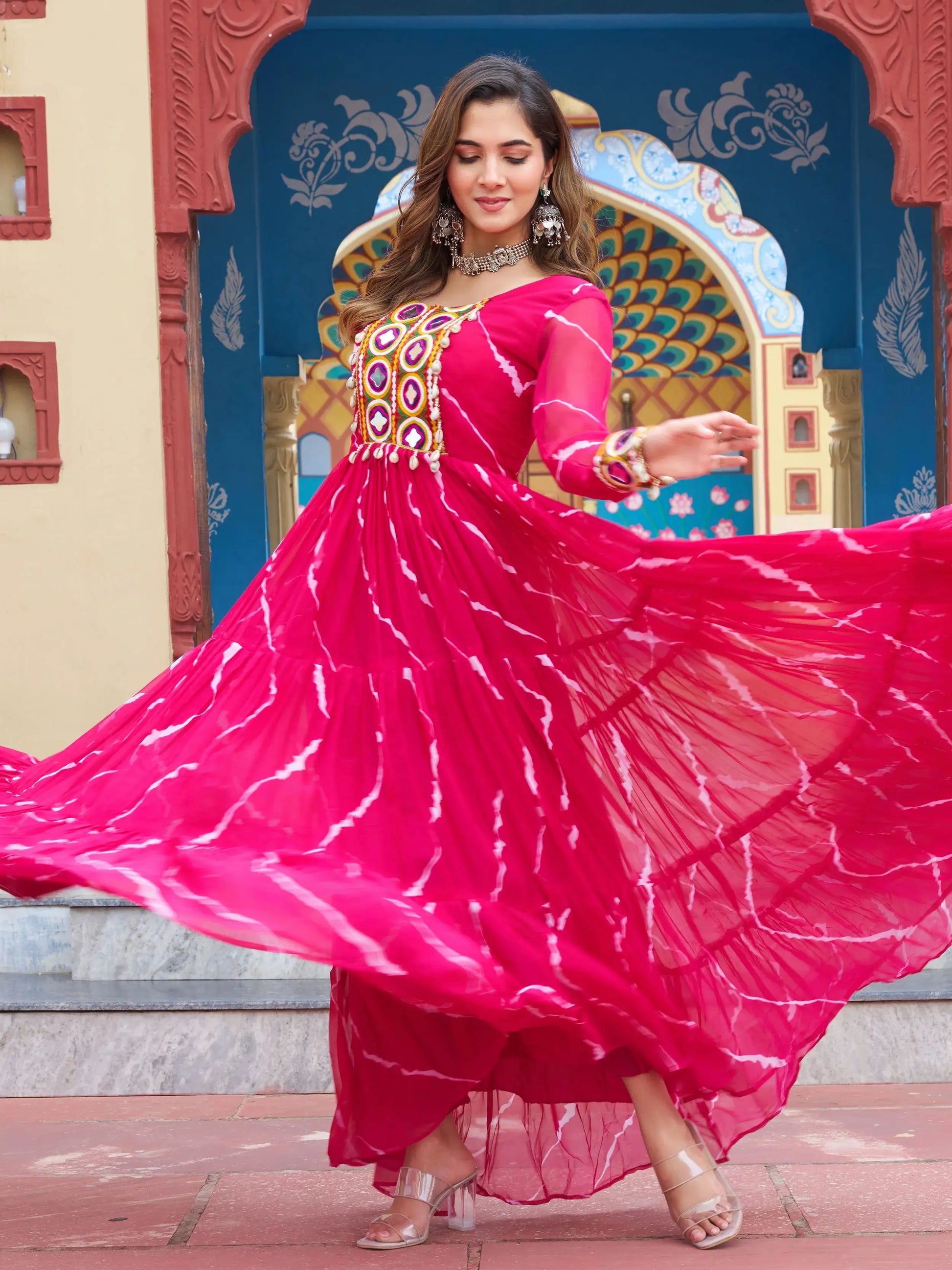 Stunning Rani Pink Laheriya Printed Georgette Festive Wear Gown - Zeel Clothing