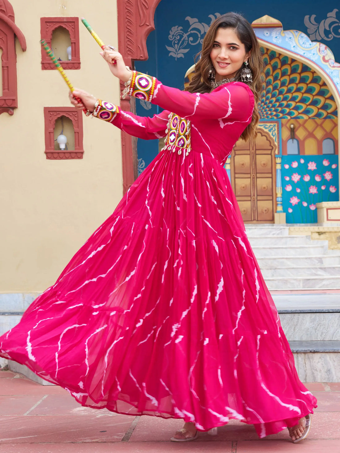 Stunning Rani Pink Laheriya Printed Georgette Festive Wear Gown - Zeel Clothing