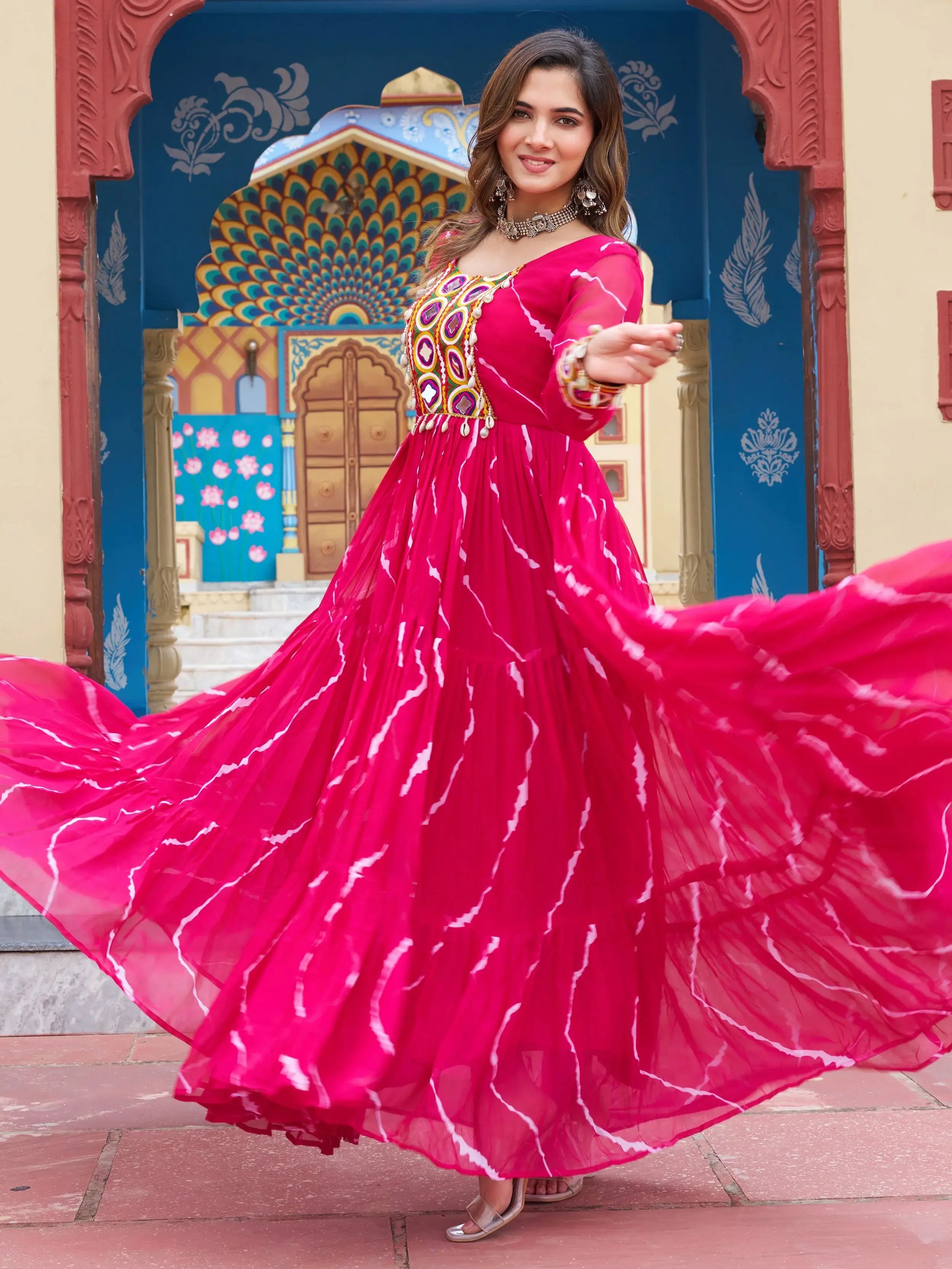 Stunning Rani Pink Laheriya Printed Georgette Festive Wear Gown - Zeel Clothing