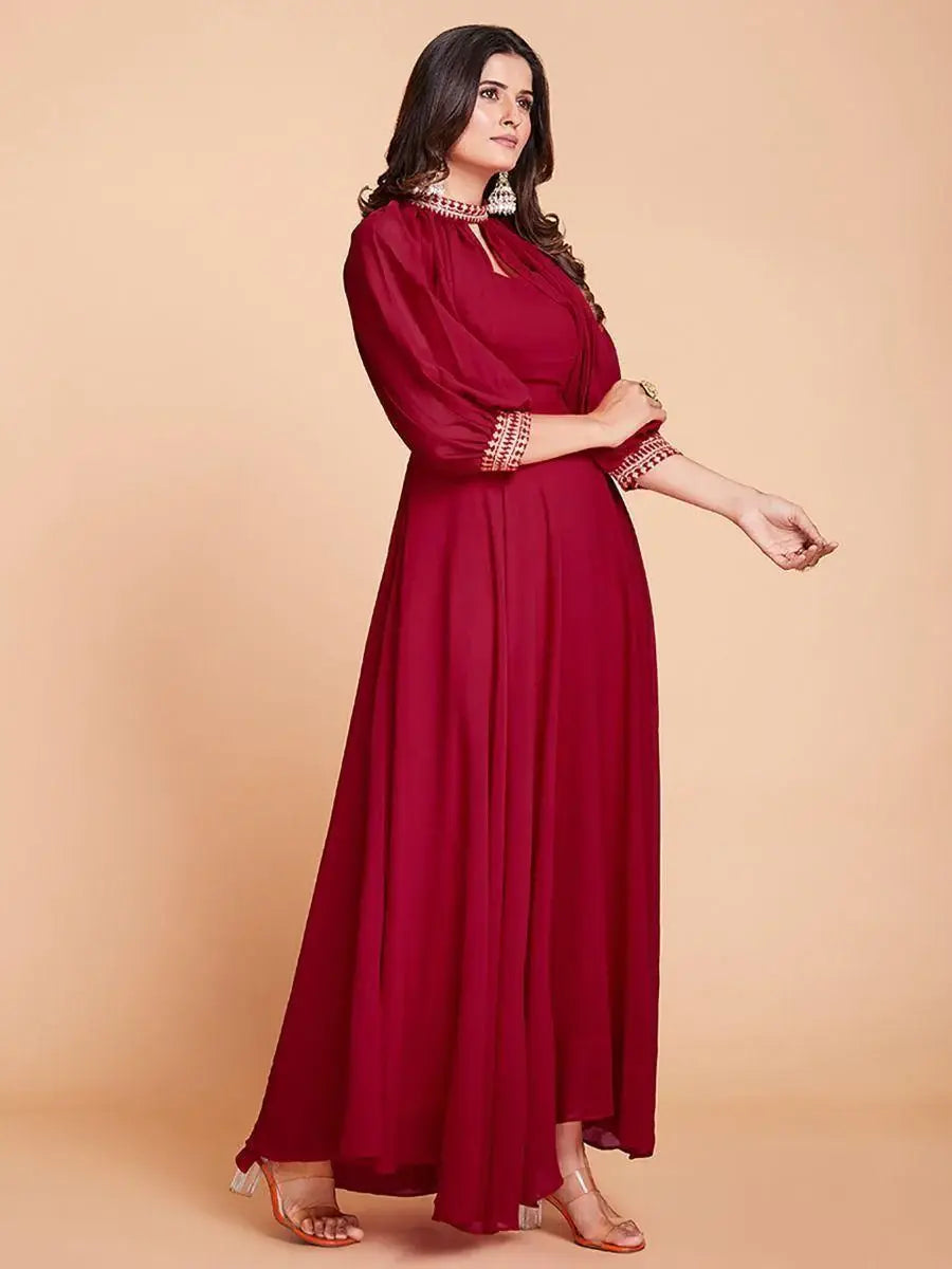 Stunning Red Dori Work Georgette Festival Wear Gown - Zeel Clothing
