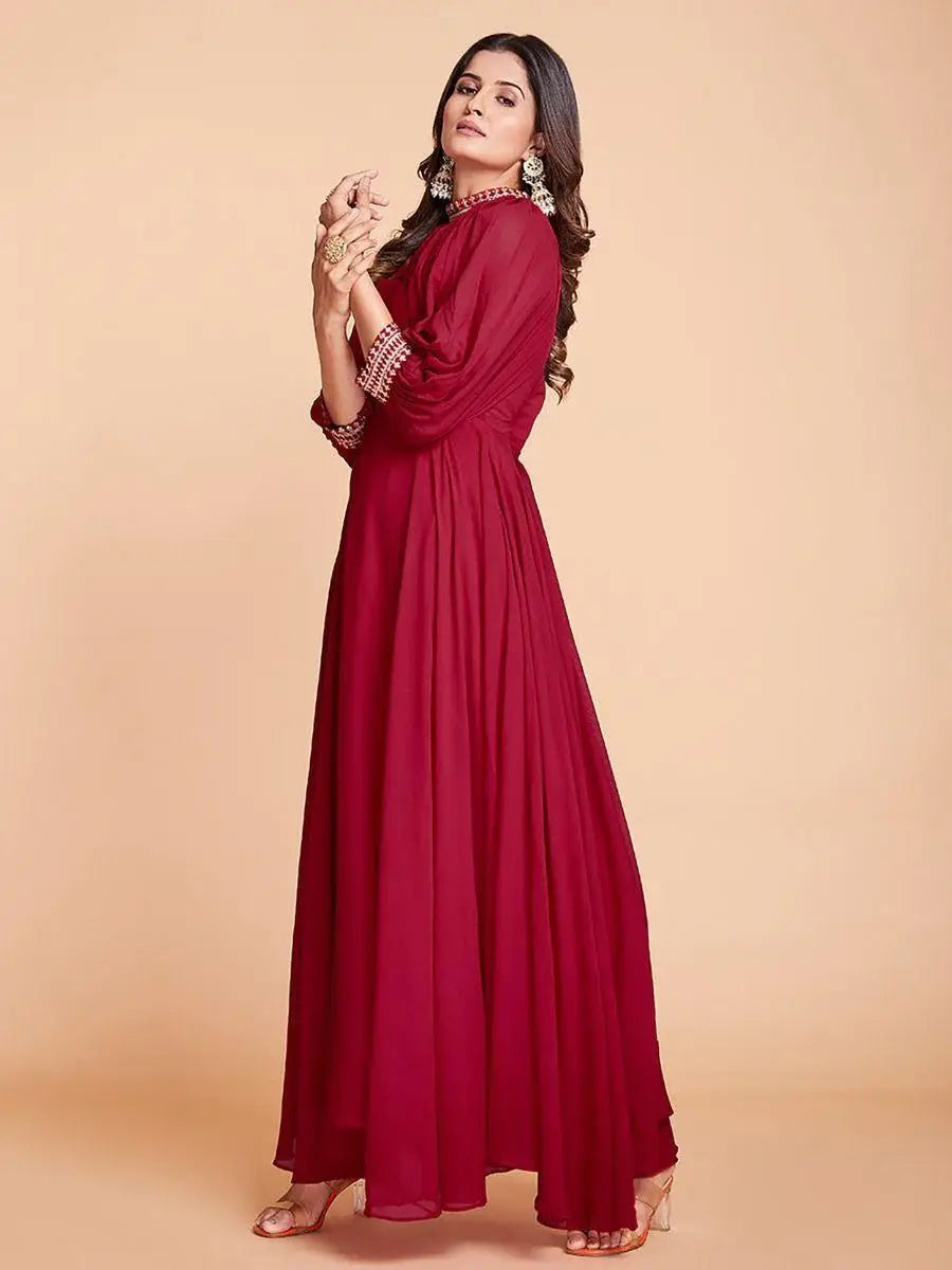 Stunning Red Dori Work Georgette Festival Wear Gown - Zeel Clothing