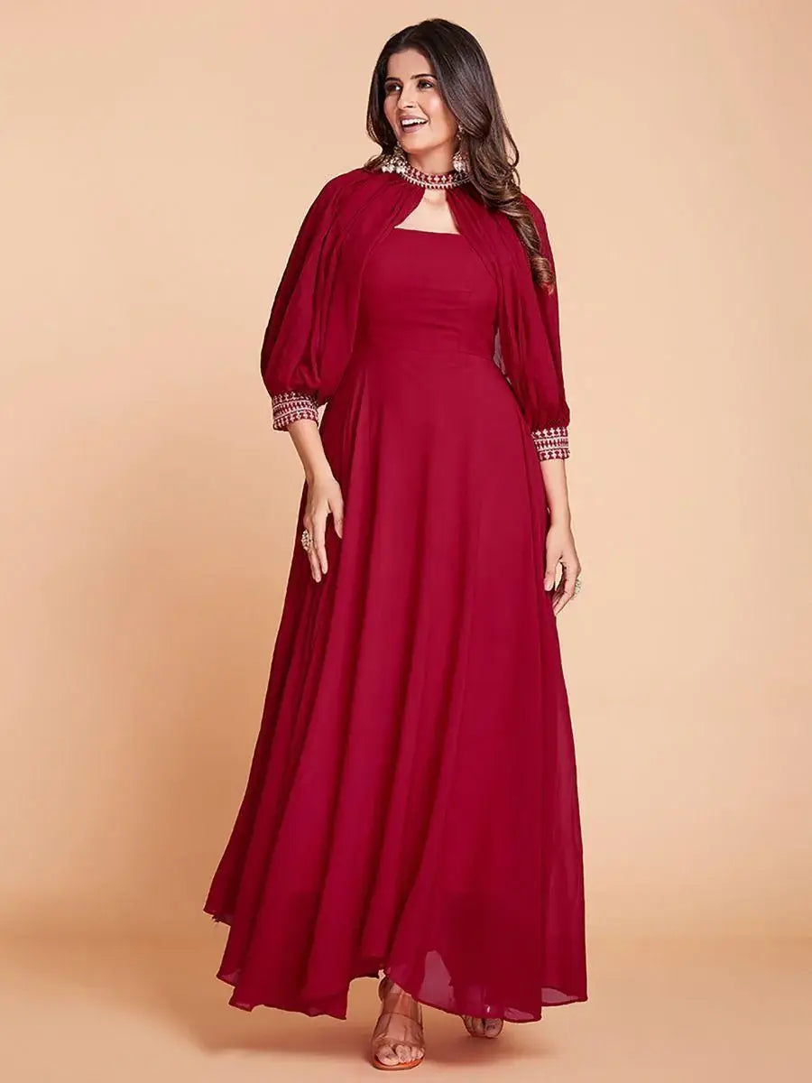 Stunning Red Dori Work Georgette Festival Wear Gown - Zeel Clothing