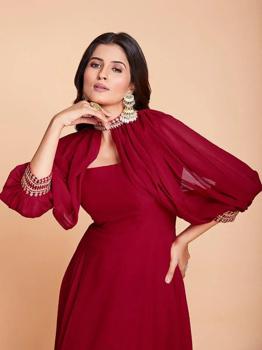 Stunning Red Dori Work Georgette Festival Wear Gown - Zeel Clothing