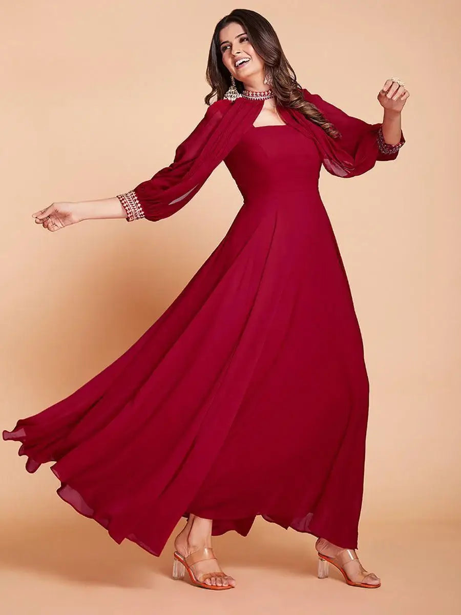 Stunning Red Dori Work Georgette Festival Wear Gown - Zeel Clothing