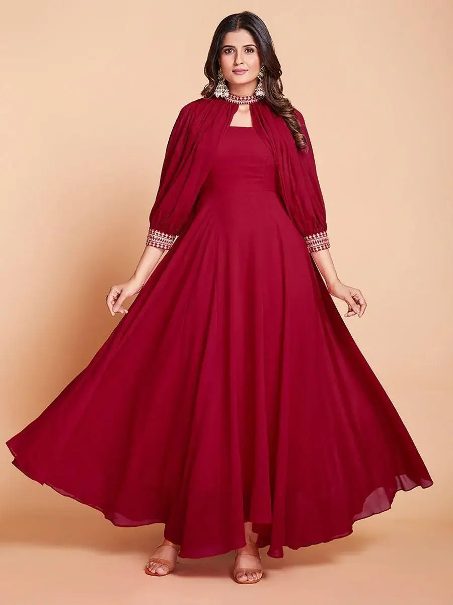 Stunning Red Dori Work Georgette Festival Wear Gown - Zeel Clothing