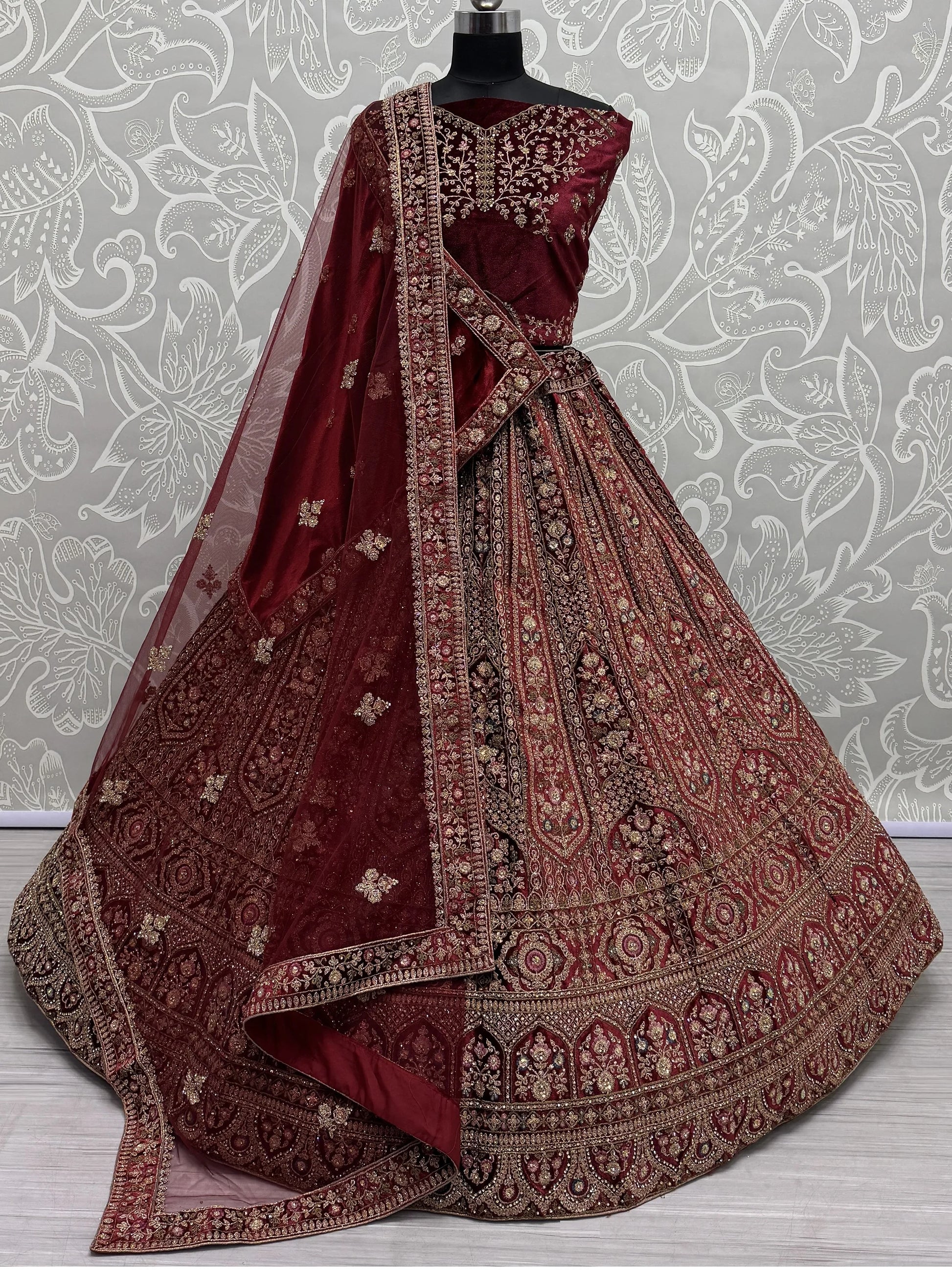 Stunning Red Dori Work Velvet Bridal Lehenga Choli With Double Dupatta - Zeel Clothing
