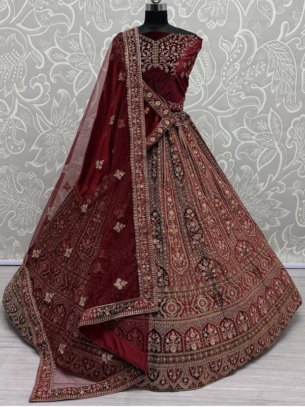 Stunning Red Dori Work Velvet Bridal Lehenga Choli With Double Dupatta - Zeel Clothing