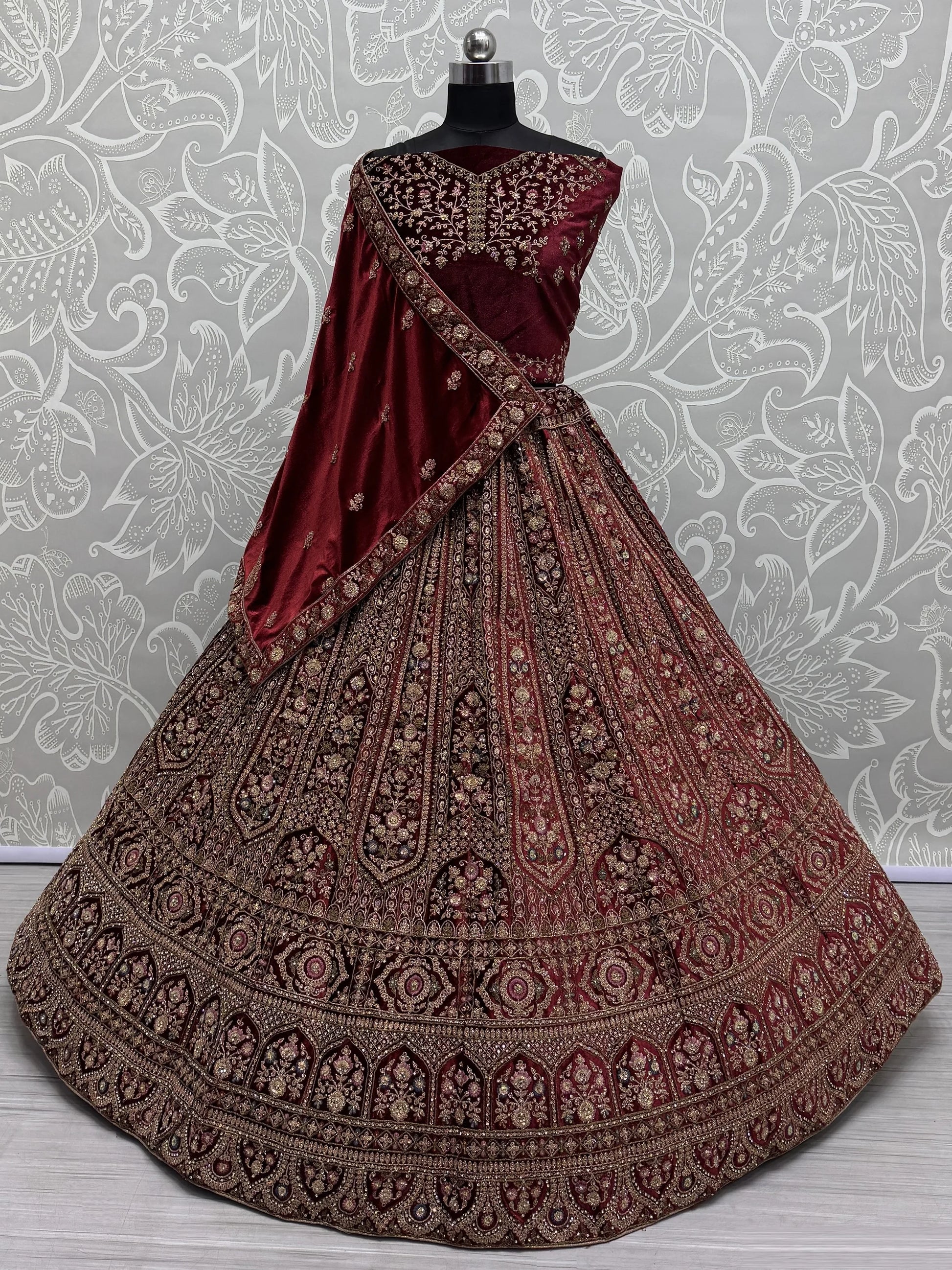 Stunning Red Dori Work Velvet Bridal Lehenga Choli With Double Dupatta - Zeel Clothing