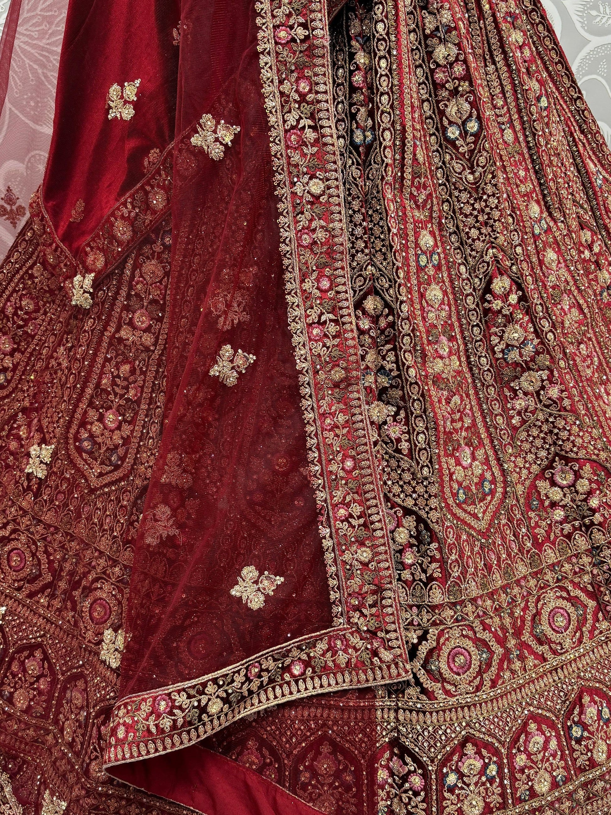 Stunning Red Dori Work Velvet Bridal Lehenga Choli With Double Dupatta - Zeel Clothing